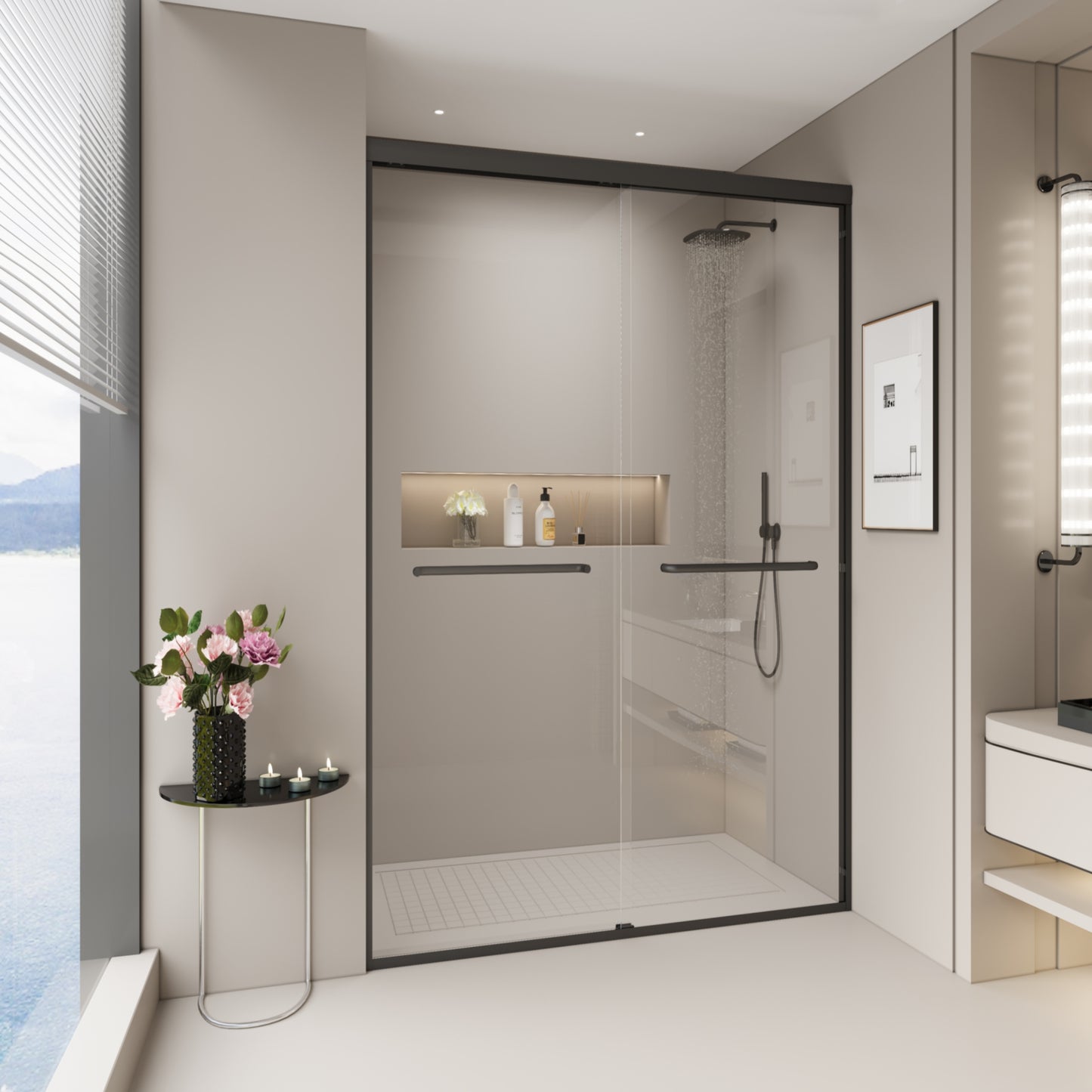 SESSLIFE Double Sliding Shower Door, Tempered Glass with Anti-Leak and Anti-Collision Design, Quiet Close Reversible Doors for Bathtub or Walk-In Shower, Easy to Clean, Matte Black