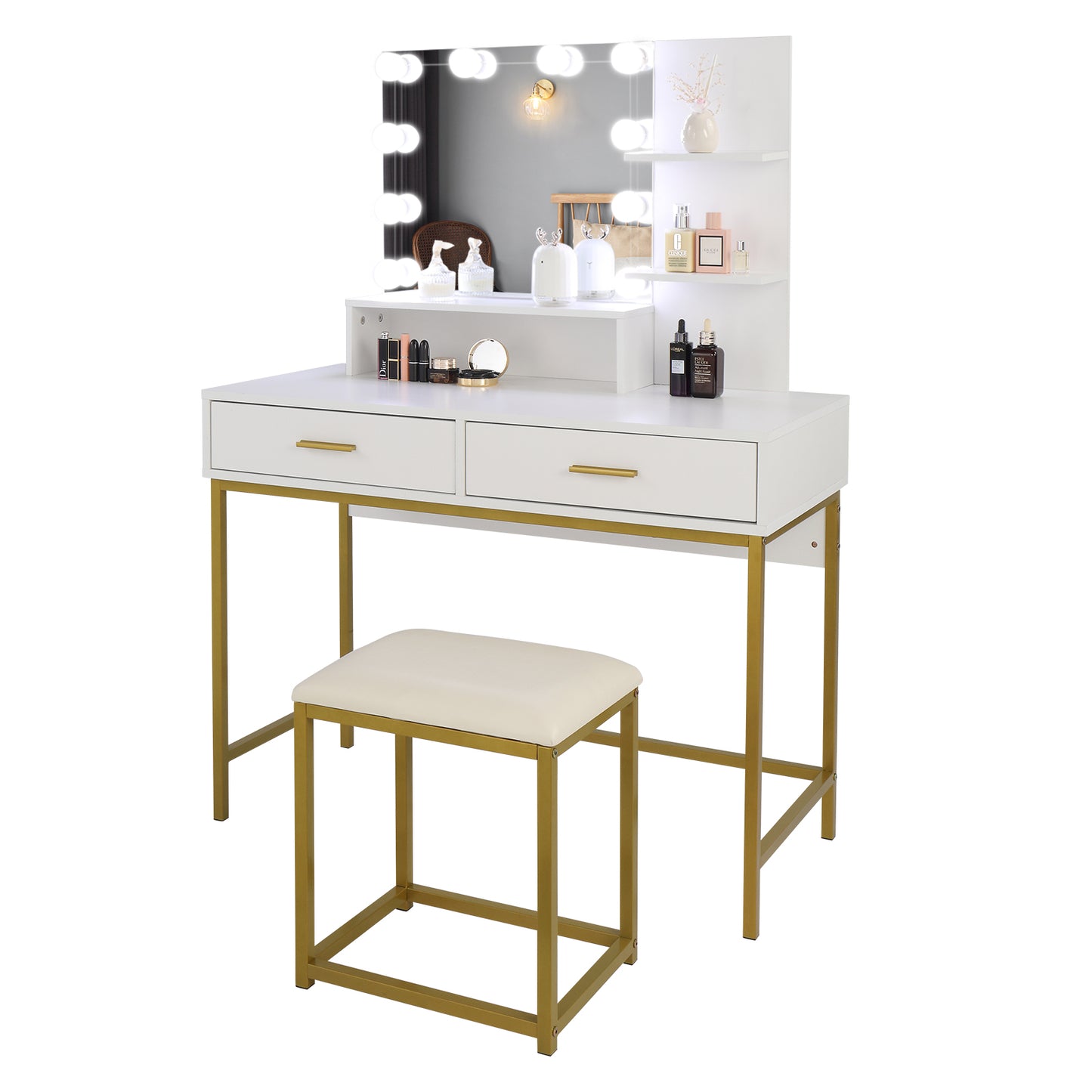 SESSLIFE Makeup Vanity Set with Mirror and Lights, White Makeup Vanity with Drawers and Storage, Hollywood Lighted Dressing Table with Stool, Vanity Desk for Women