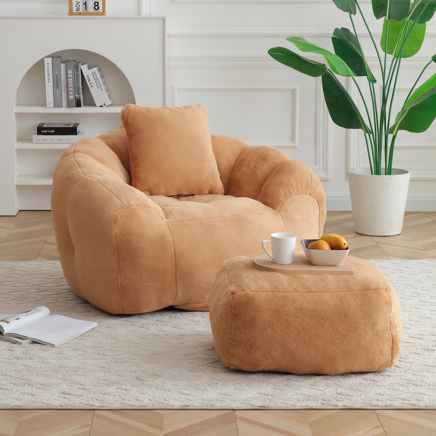SESSLIFE Oversized Faux Fur Bean Bag Chair with Footstool, Giant Bean Bag Chair for Adults, Shell Shape Bean Bag Couch, Floor Sofa for Gaming Reading Living Room, Light Blue