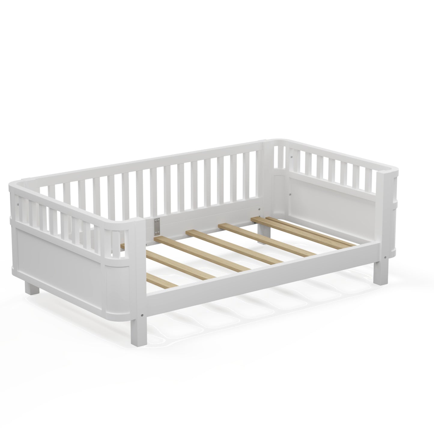 Sesslife Toddler Bed, Wood Twin Platform Bed Frame, Twin Size Bed Frame with Salts and Safety Fence for Boys Girls, Low Profile Bed Twin with Removable Guardrail, No Box Spring Needed, White