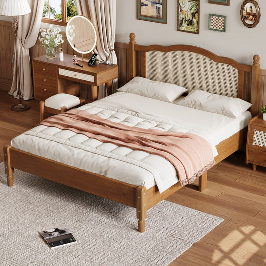 Platform Bed Frame, Wood Modern Queen Size Bed with Natural Rattan Headboard, Vintage Queen Bed Frame with Slat Support, No Box Spring Needed, Walnut