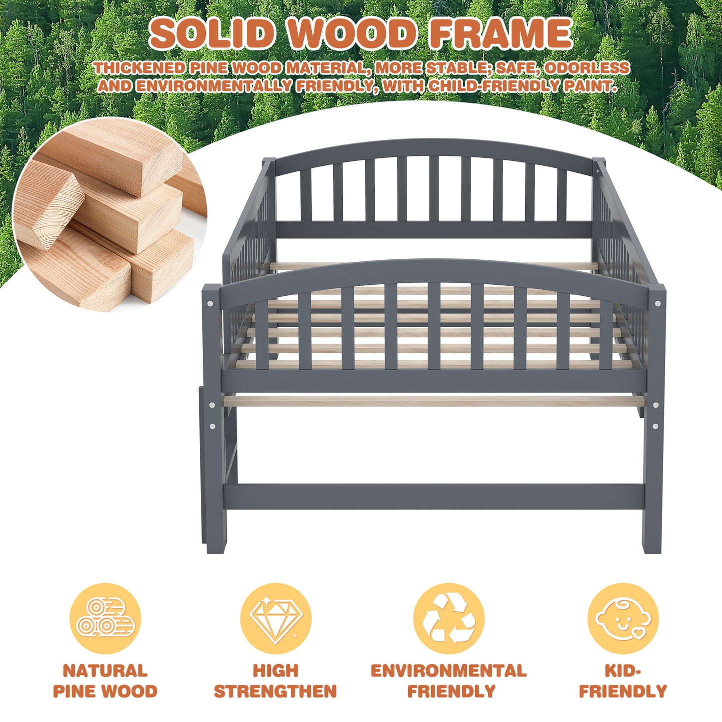 SESSLIFE Twin Size Platform Bed for Kids, Solid Wood Toddler Bed Frame with Slats, Fence Guardrail Ladder, Montessori Floor Bed for Boys Girls, No Box Spring Needed, Holds 400 lbs, Natural