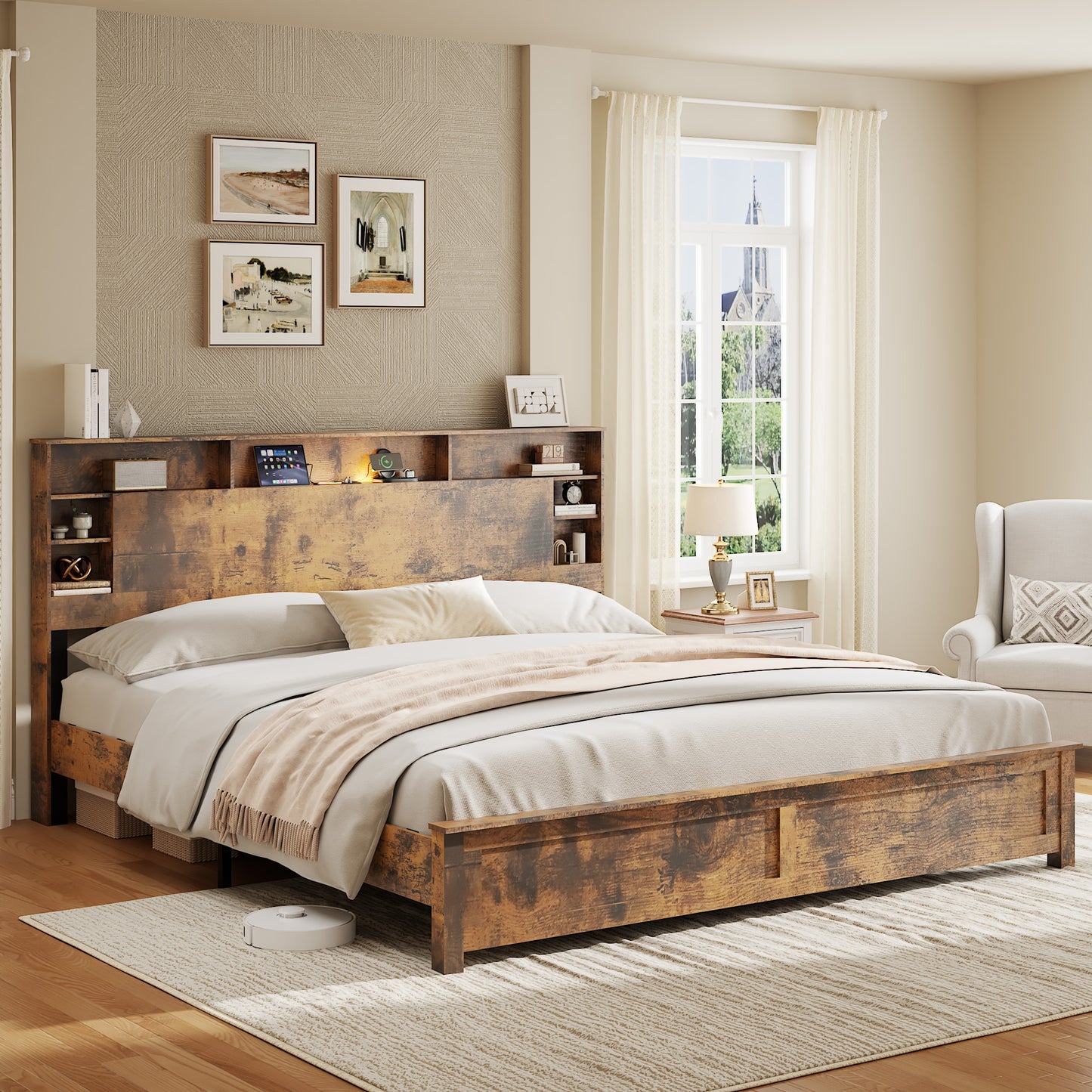 SESSLIFE Queen Bed Frame with Storage Headboard, Wood Platform Bed Frame with Charging Station, LED Lights & Bookcase Shelf, Queen Size Bed Holds up to 800lbs, No Box Spring Needed, Dark Brown
