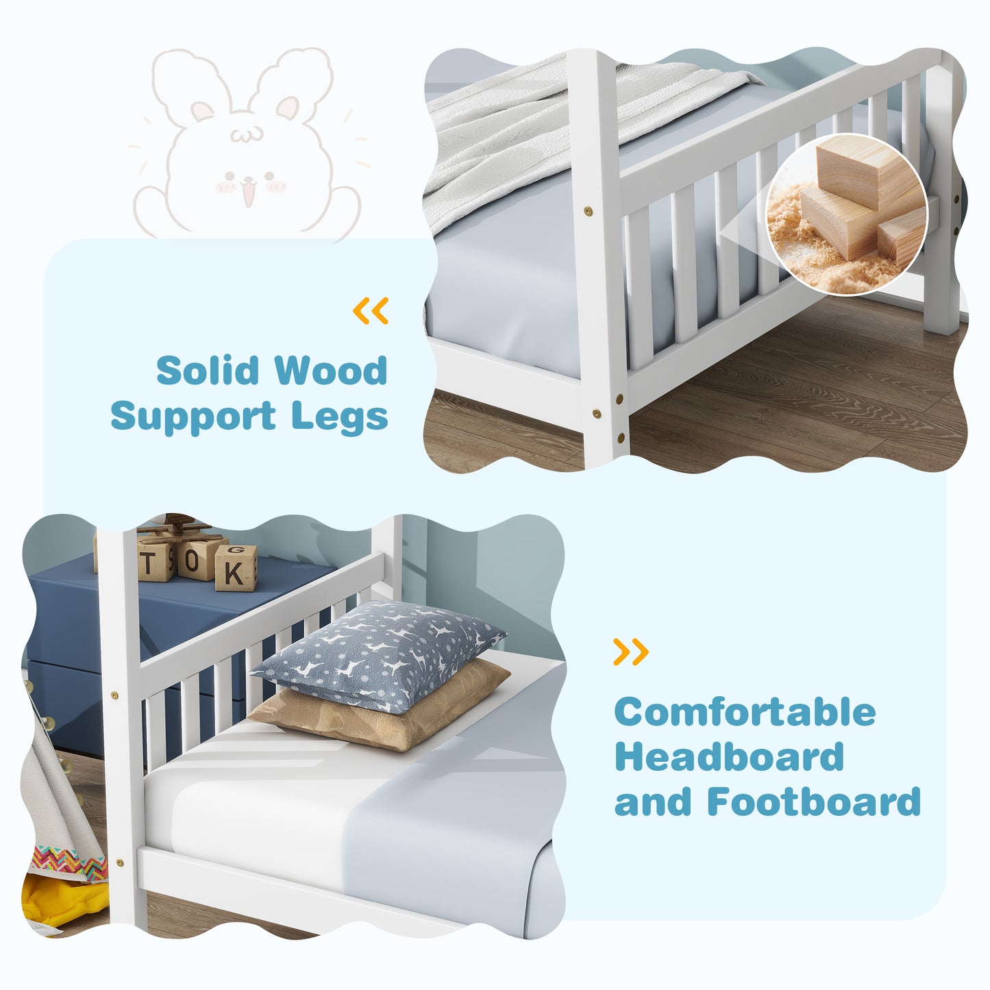SESSLIFE House Bed with Fence, Wood House Bed, Floor Bed Frame, Twin Canopy Bed for Bedroom, No Box Spring Needed (White)