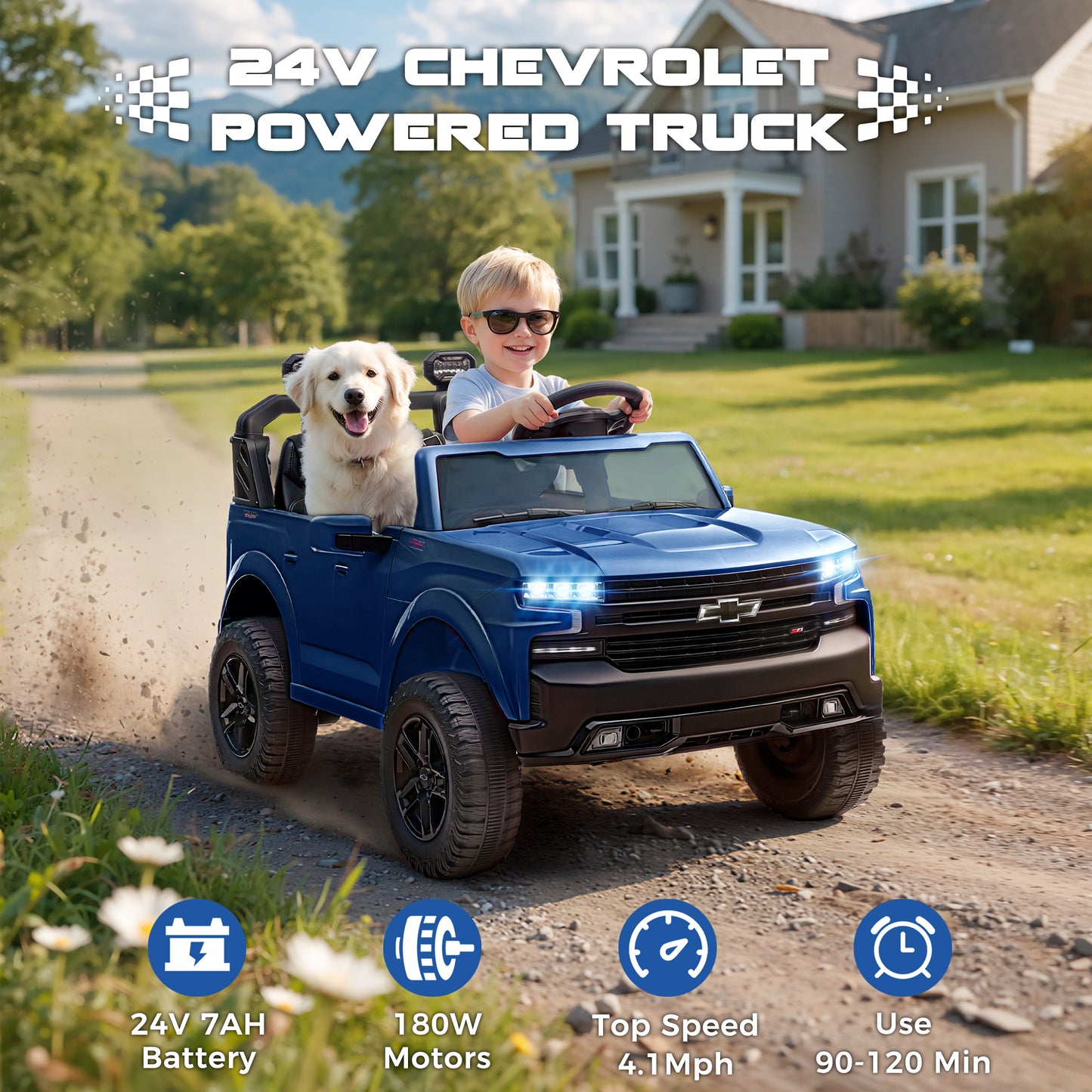 Chevrolet Silverado 24V Powered Ride On Car for Kids, 2 Seater Electric Truck with Remote Control, 90W Dual Motors, 4 Wheels Suspension, LED, Bluetooth, Ride On Toy for Boys & Girls Ages 3–8 (White)