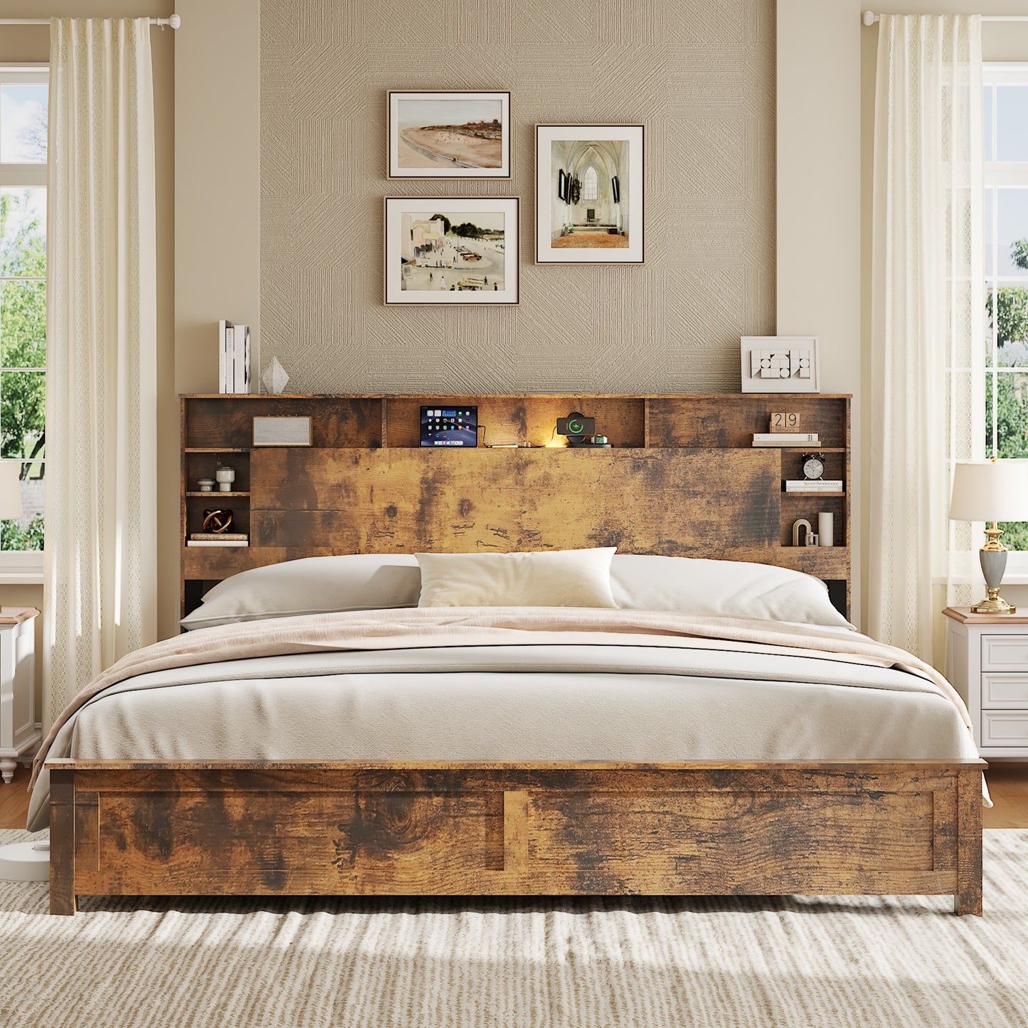 SESSLIFE Queen Bed Frame with Storage Headboard, Wood Platform Bed Frame with Charging Station, LED Lights & Bookcase Shelf, Queen Size Bed Holds up to 800lbs, No Box Spring Needed, Dark Brown