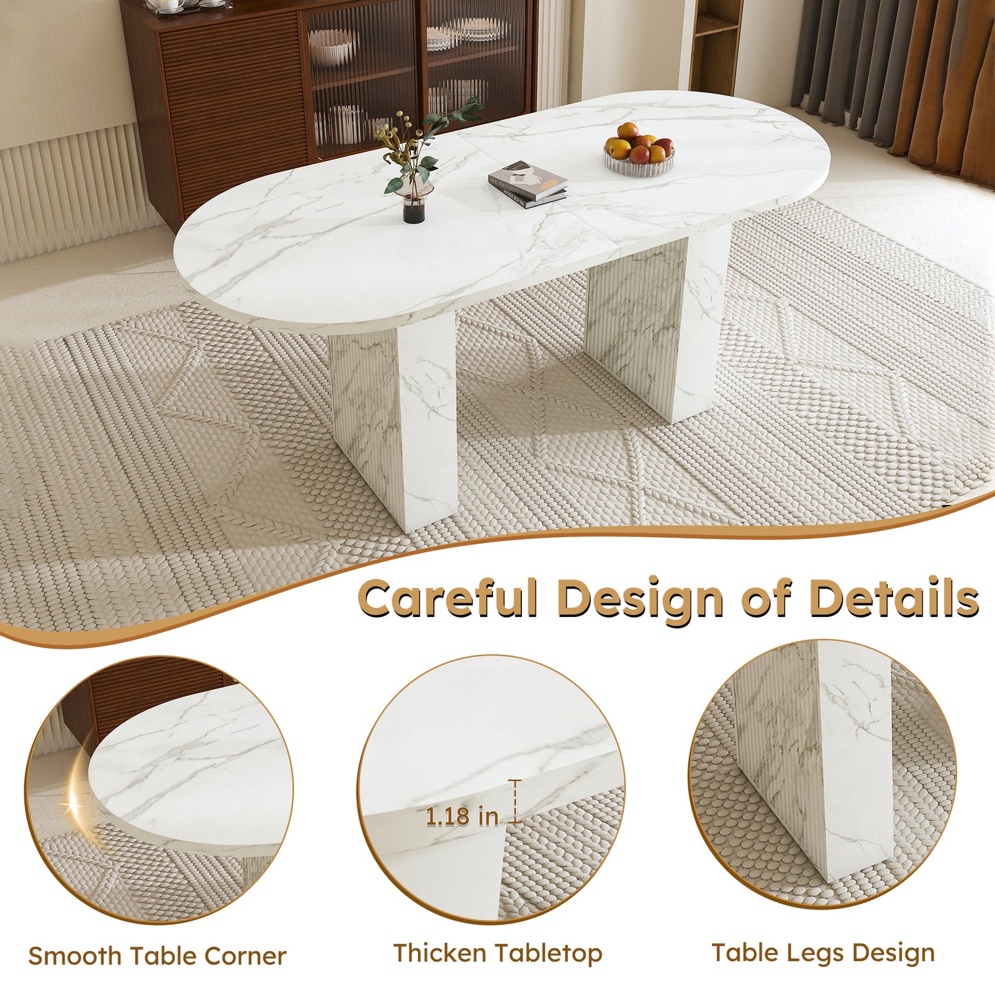 SESSLIFE Oval Dining Table, 62.9'' Modern Farmhouse Dining Table with with Wood Strip Base, Kitchen Table for Home and Office, White Marble Finish
