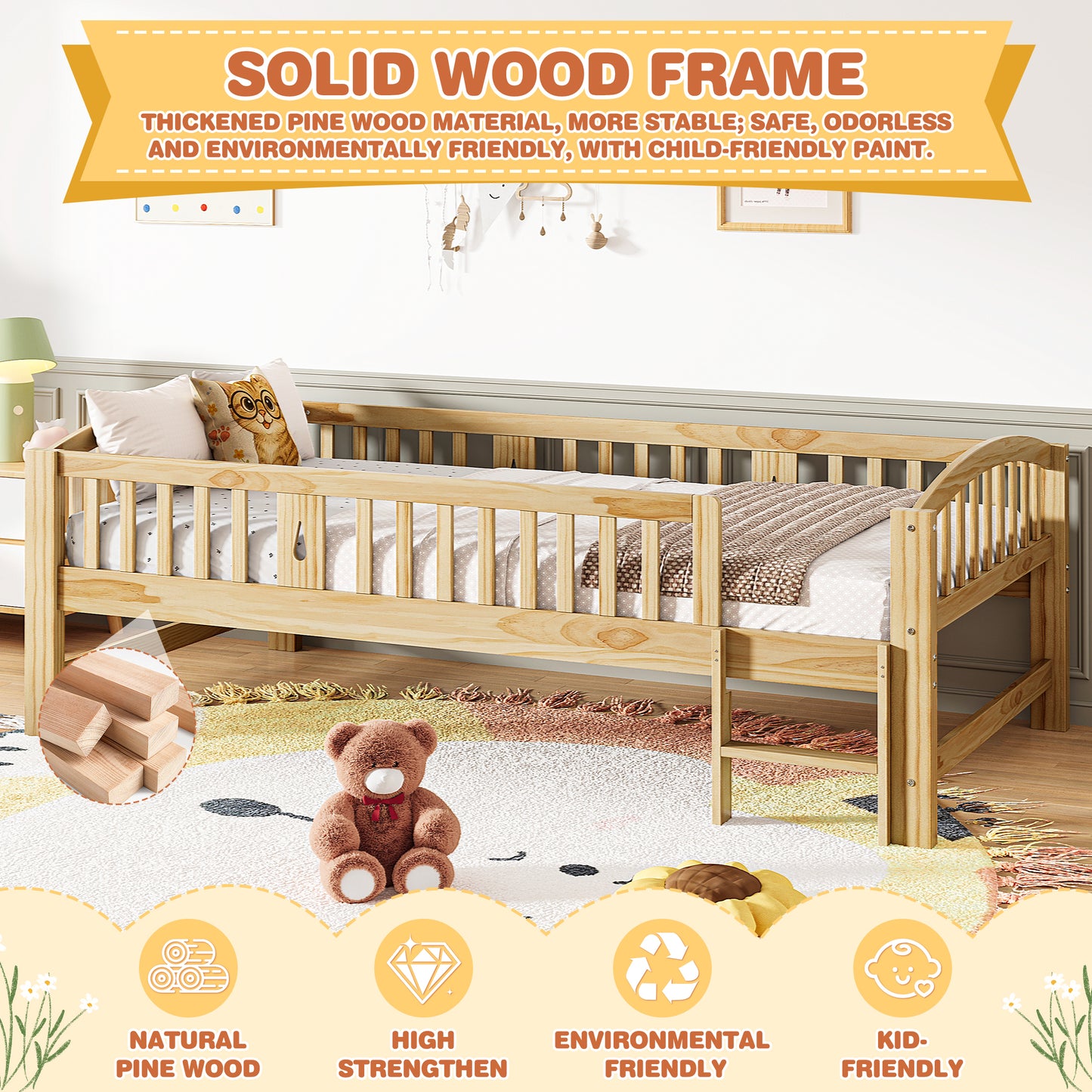 SESSLIFE Twin Size Platform Bed for Kids, Solid Wood Toddler Bed Frame with Slats, Fence Guardrail Ladder, Montessori Floor Bed for Boys Girls, No Box Spring Needed, Holds 400 lbs, Natural