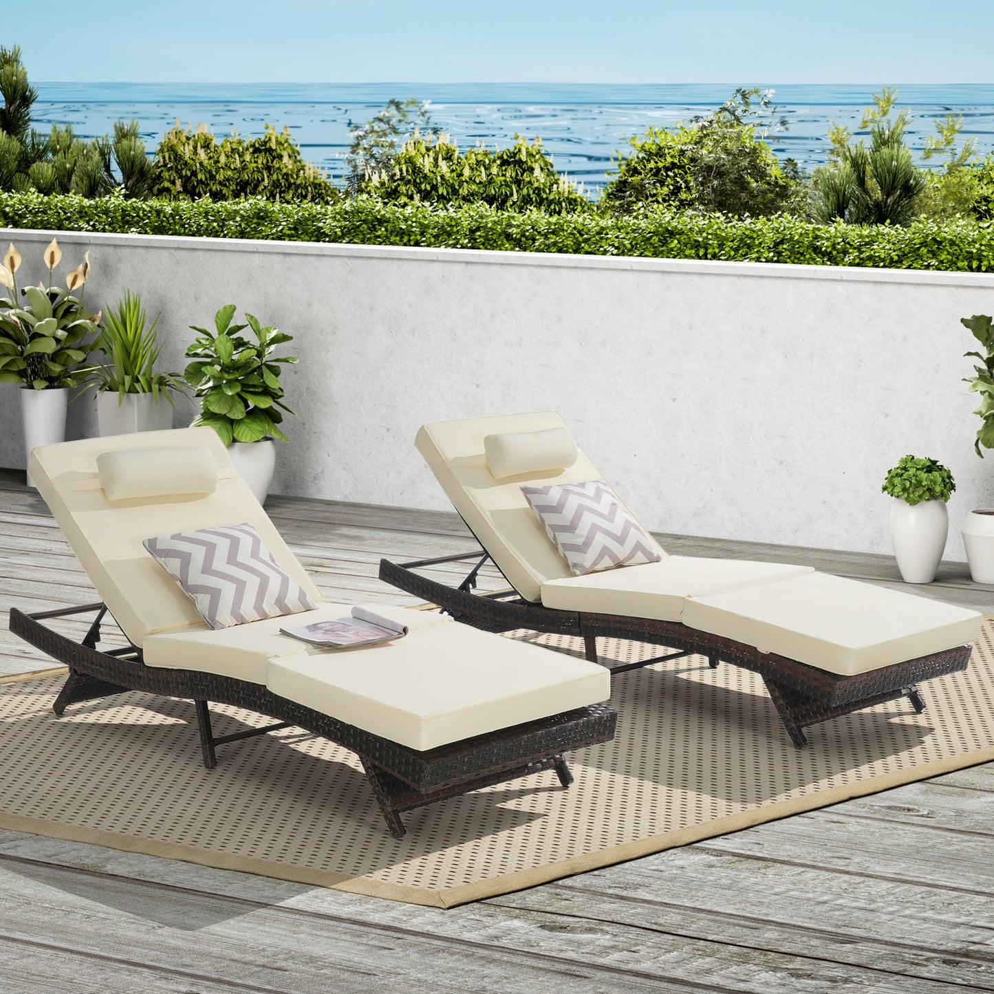 Outdoor Chaise Lounge Chair Set of 2, Wicker Outdoor Lounger Recliner with Cushions and 5-Level Adjustment Backrest, Modern Patio Lounge Chair for Poolside, Garden, Dark Grey