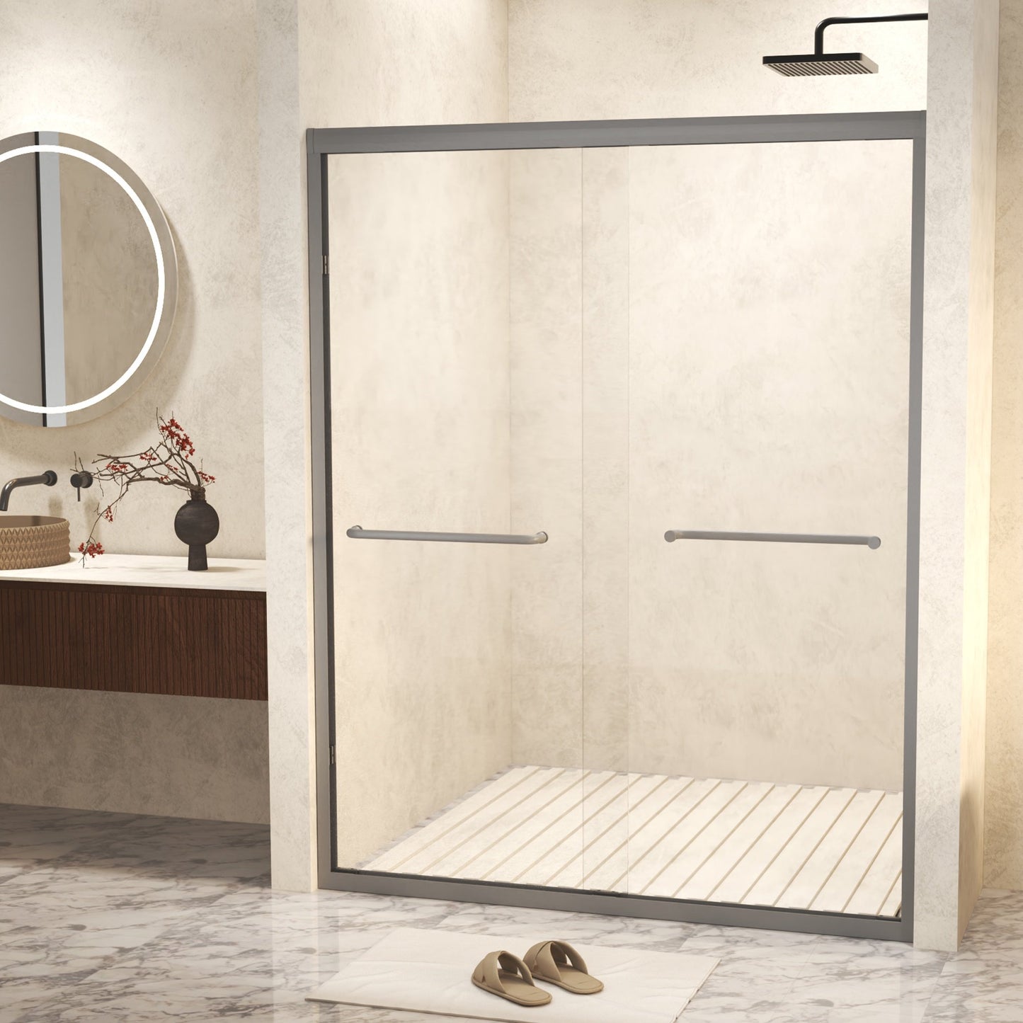 Sesslife 44-48" W x 72 in H Double Sliding Shower Door with Aluminum Frame, Modern Bathroom Shower Door with 1/4" Clear Tempered Glass and Stainless Steel Long Handles, SCGG Certified, Matte Black