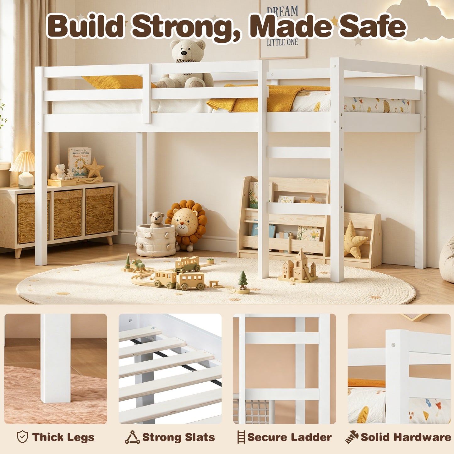 Twin Loft Bed with Ladder and Guardrails for Boys Girls, SESSLIFE Low Height Solid Wood Bed Frame, Space Saving Loft Bed with Under Bed Reading Nook, Play Area, Storage Space, White