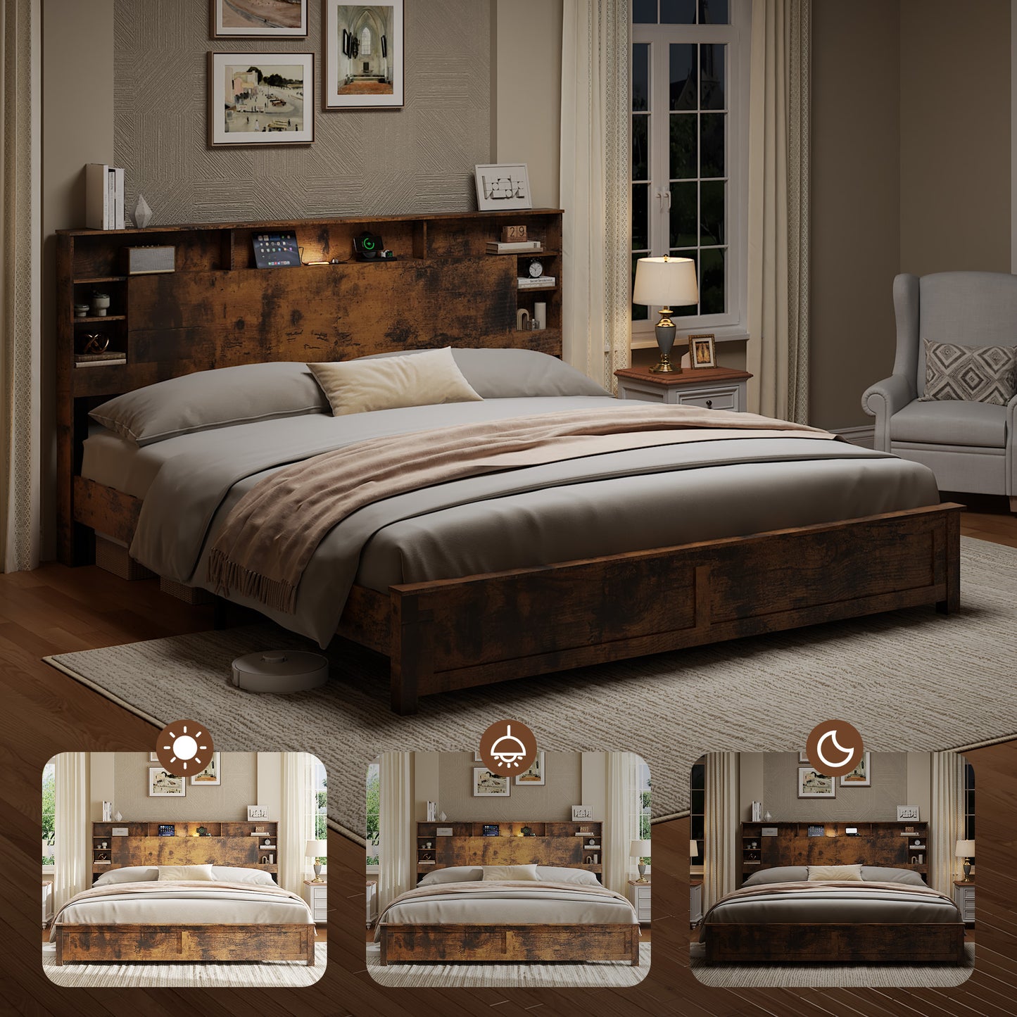 SESSLIFE Queen Bed Frame with Storage Headboard, Wood Platform Bed Frame with Charging Station, LED Lights & Bookcase Shelf, Queen Size Bed Holds up to 800lbs, No Box Spring Needed, Dark Brown