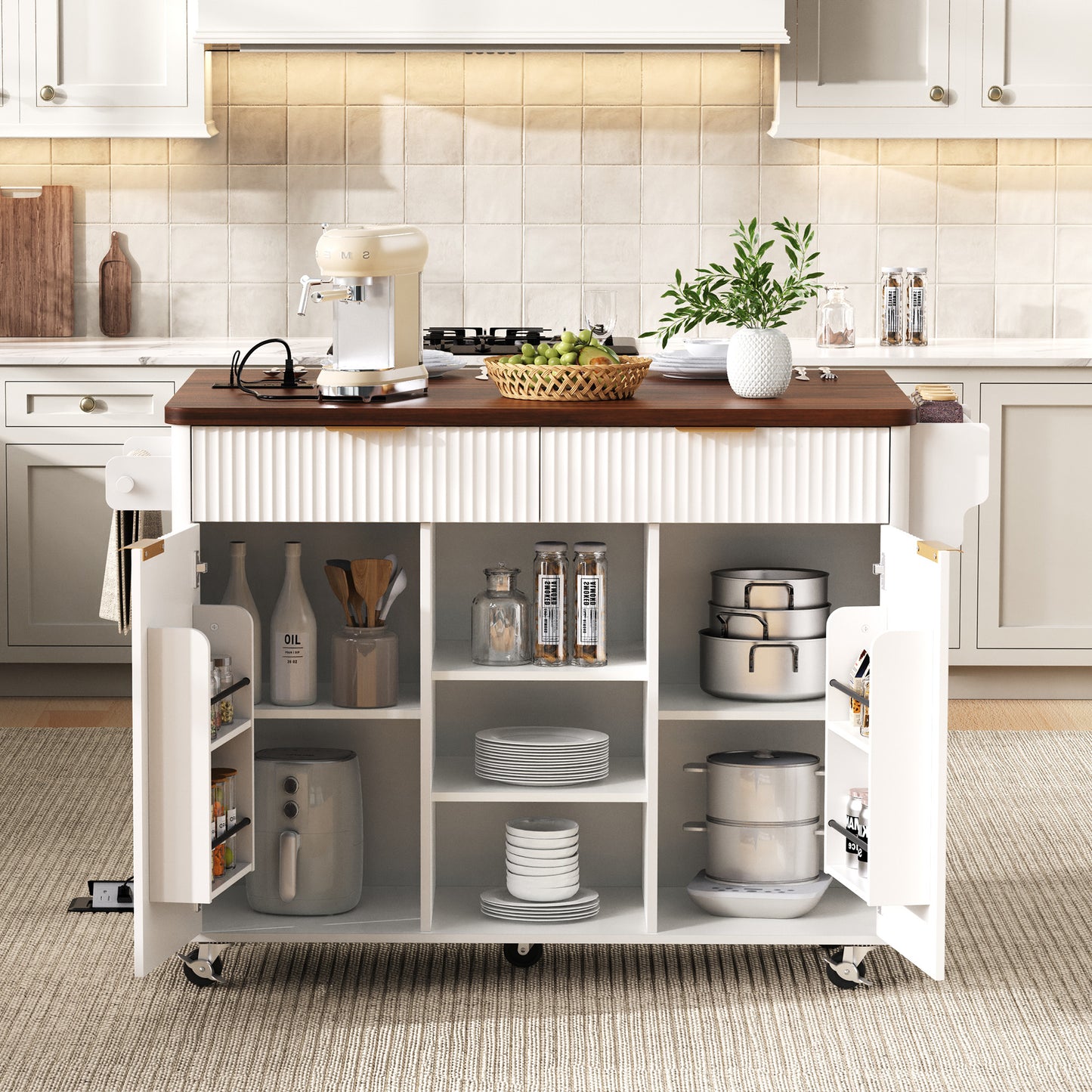SESSLIFE 52” Fluted Kitchen Island Cart with Drop Leaf Tabletop, Built-in Power Outlet, Rolling Kitchen Storage Island with Adjustable Shelves, 2 Doors and 2 Drawers, Walnut Color Top, White