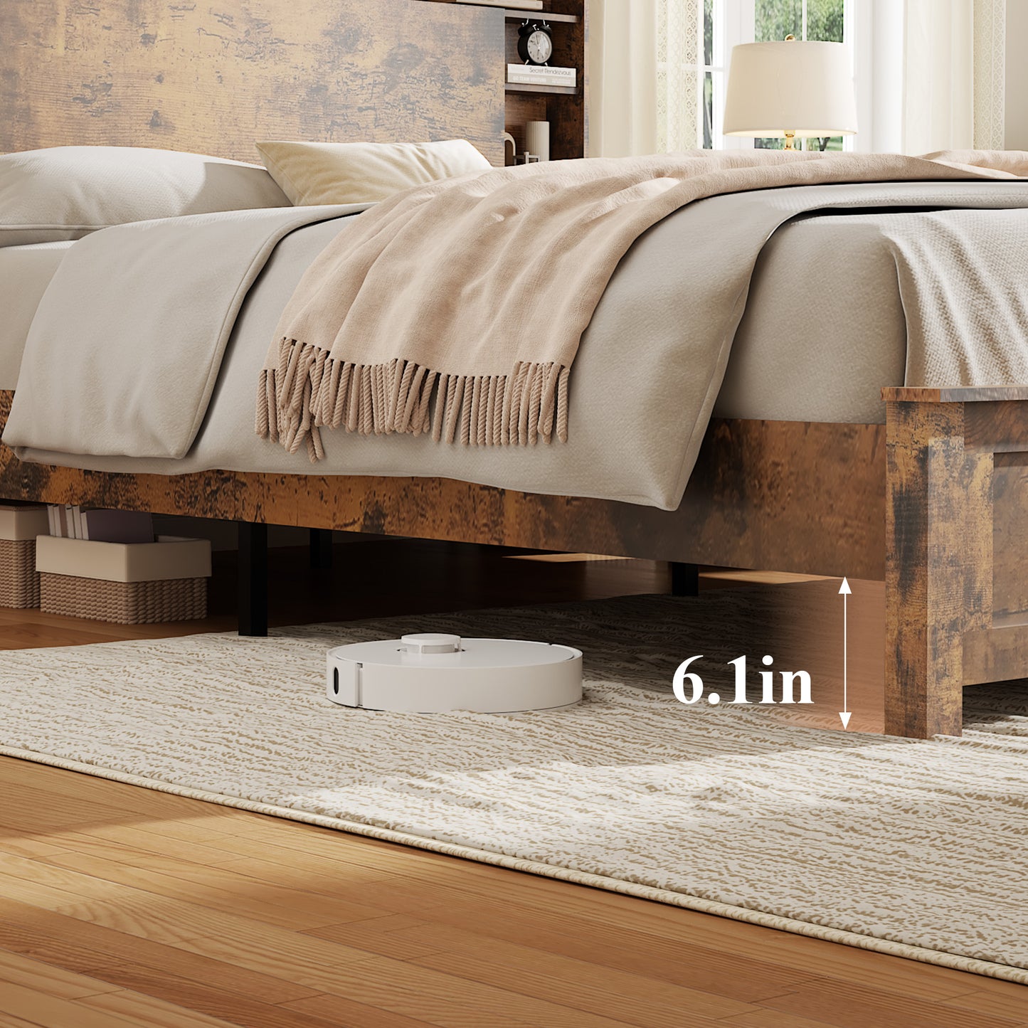 SESSLIFE Queen Bed Frame with Storage Headboard, Wood Platform Bed Frame with Charging Station, LED Lights & Bookcase Shelf, Queen Size Bed Holds up to 800lbs, No Box Spring Needed, Dark Brown