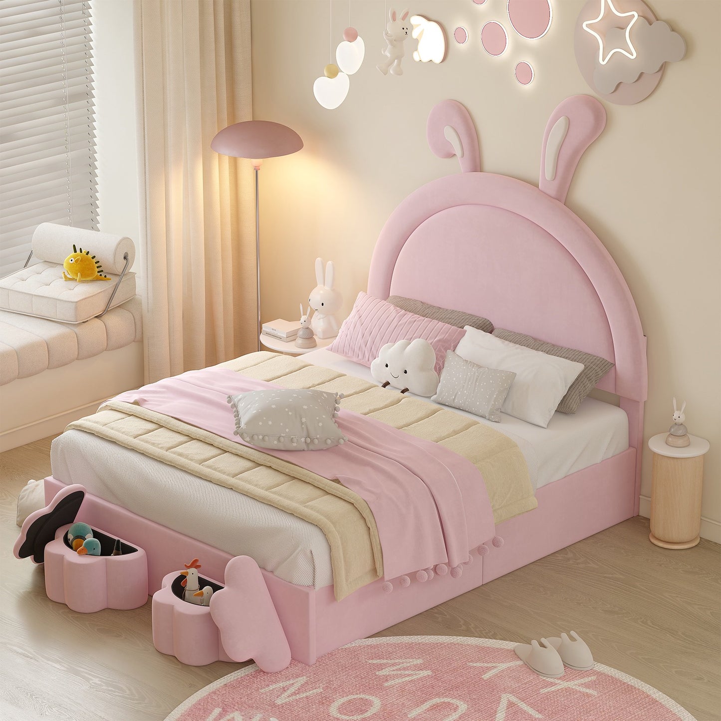 PORKISS Full Bed Frame with 2 Storage Stools, Velvet Upholstered Platform Bed with Rabbit-Shape Headboard for Kids Girls, White