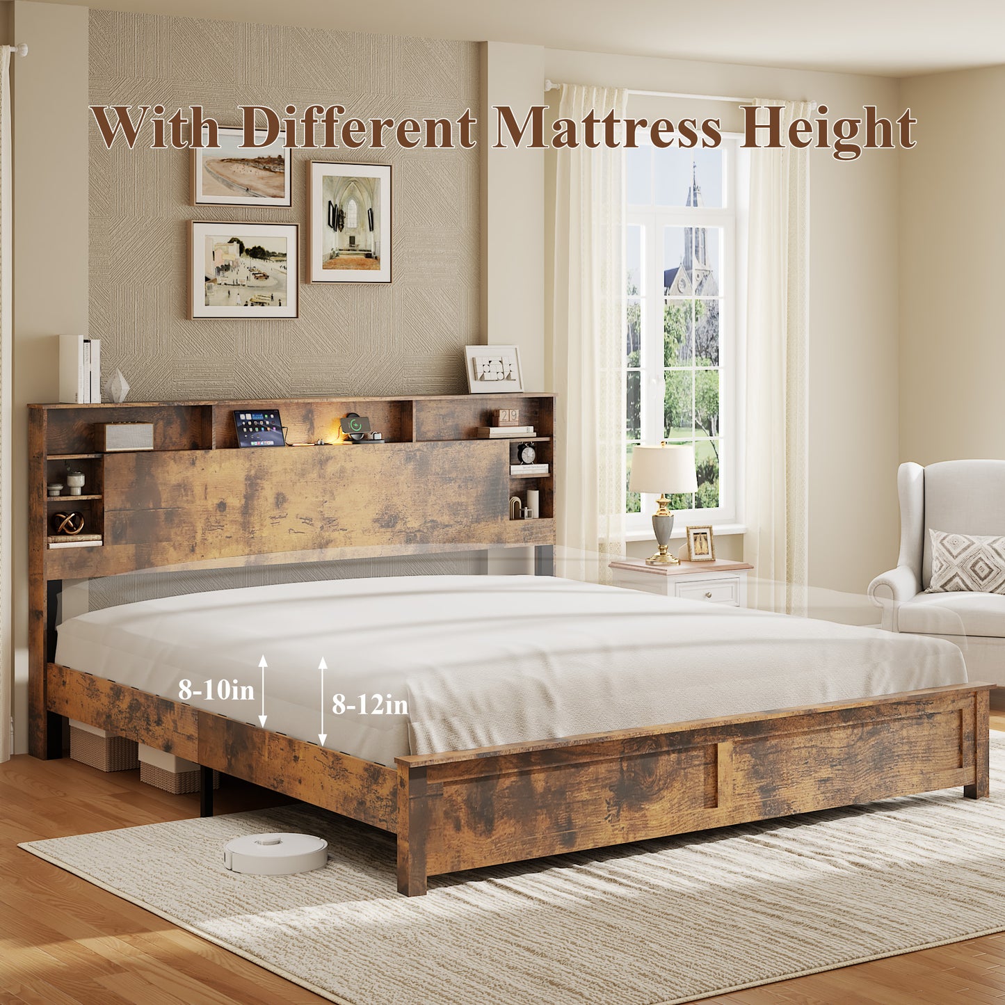 SESSLIFE Queen Bed Frame with Storage Headboard, Wood Platform Bed Frame with Charging Station, LED Lights & Bookcase Shelf, Queen Size Bed Holds up to 800lbs, No Box Spring Needed, Dark Brown