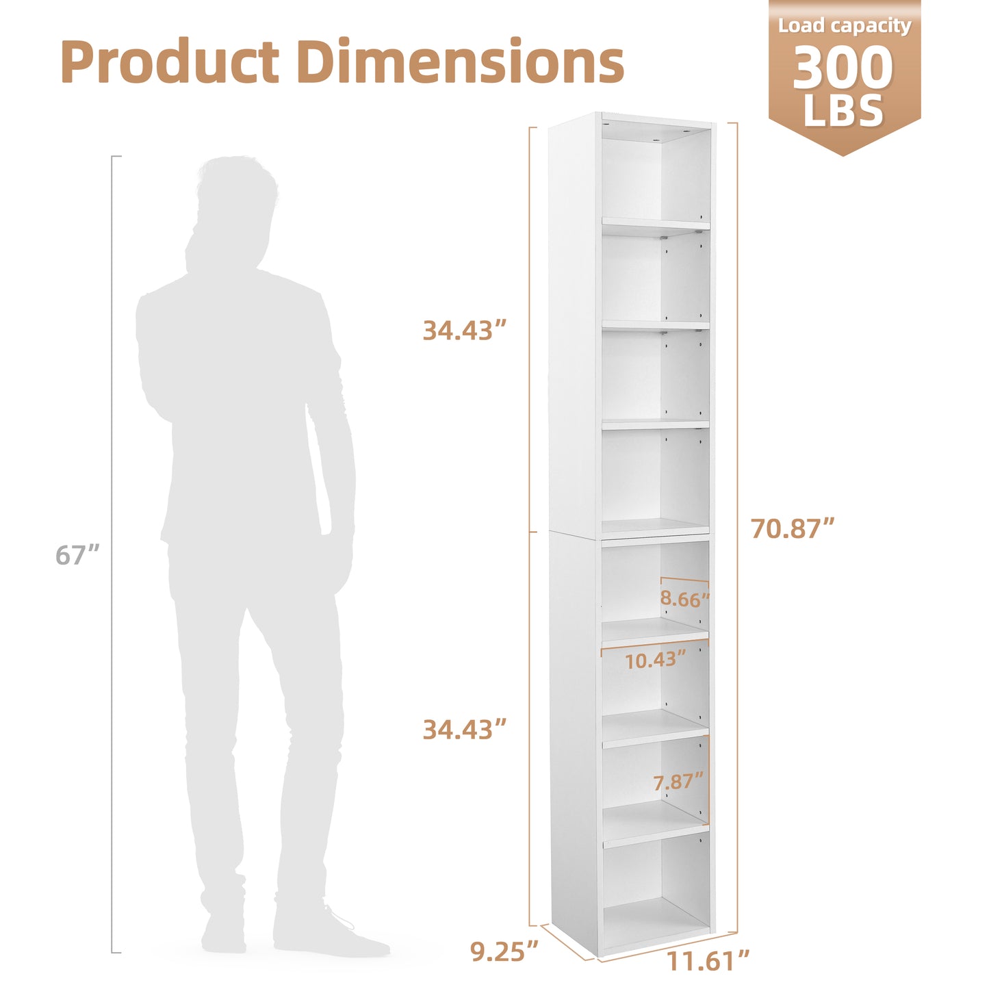 8-Tier White Bookshelf, Wood Open Display Bookshelf with Adjustable Shelves, Tall Narrow Bookcase with Slim Storage, Modern Media Tower Rack for Living Room, Home Office