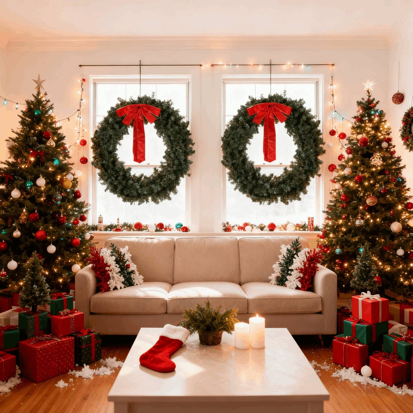 48in Pre-Lit Christmas Wreath, SESSLIFE 3pcs Large Artificial Xmas Wreath with LED Lights, Remote Control and Stepless Dimming, Full Outdoor Wreath for Front Door, Gate, Green
