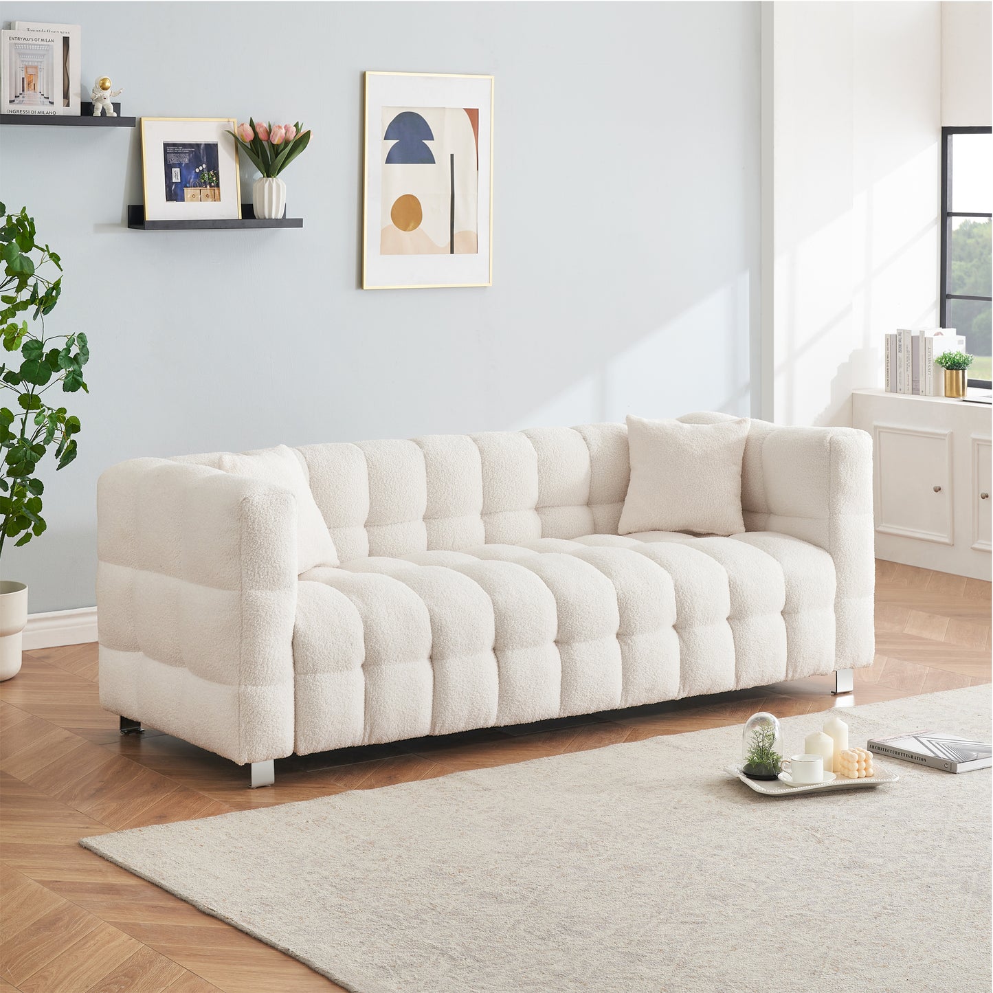 PORKISS 80" Sofa Couch for Living Room, Comfy Teddy Fleece Extra Deep Seat Couches with 2 Comfortable Pillows, Beige