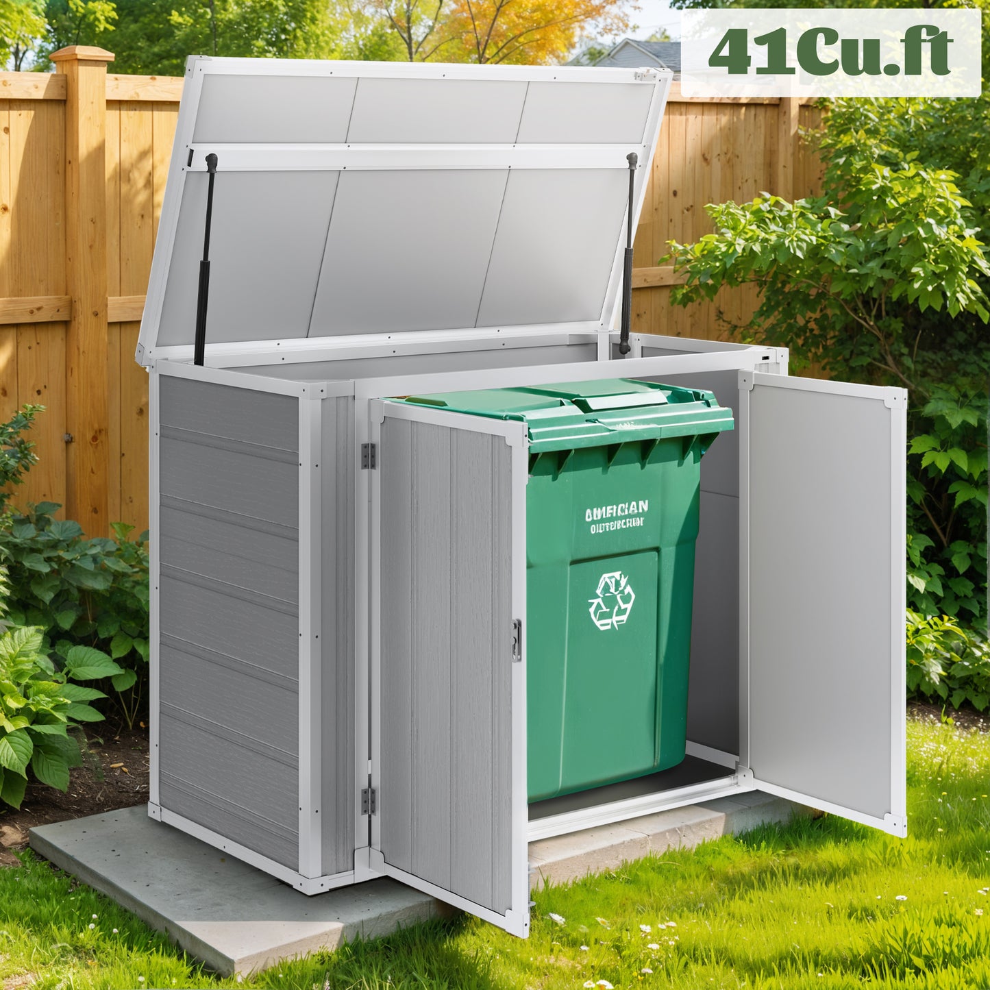 41 cu.ft Outdoor Garbage Shed, Horizontal Resin Storage Shed, Resistant Tool Shed for Storage of Bike/Trash Cans/Garden Tools/Lawn Mowers, 55.9"L x 29.52"W x 43.3"H Gray