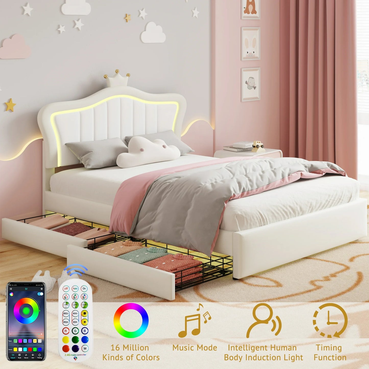 PORKISS Full Size LED Bed Frame with Drawers, PU Upholstered Bed, Princess Platform Bed with Adjustable Crown Headboard for Kids Girls, Beige
