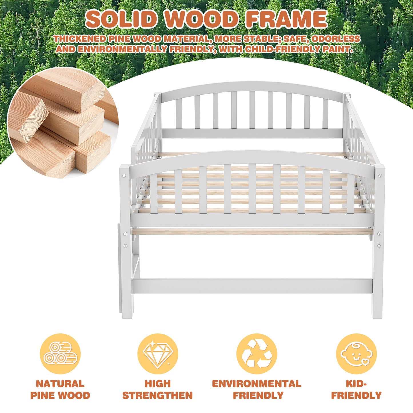 SESSLIFE Twin Size Platform Bed, Solid Wood Twin Bed Frame with Slats, Fence Guardrail Ladder, Twin Floor Bed with Strong Legs for Boys Girls, No Box Spring Needed, Holds 400 lbs, White