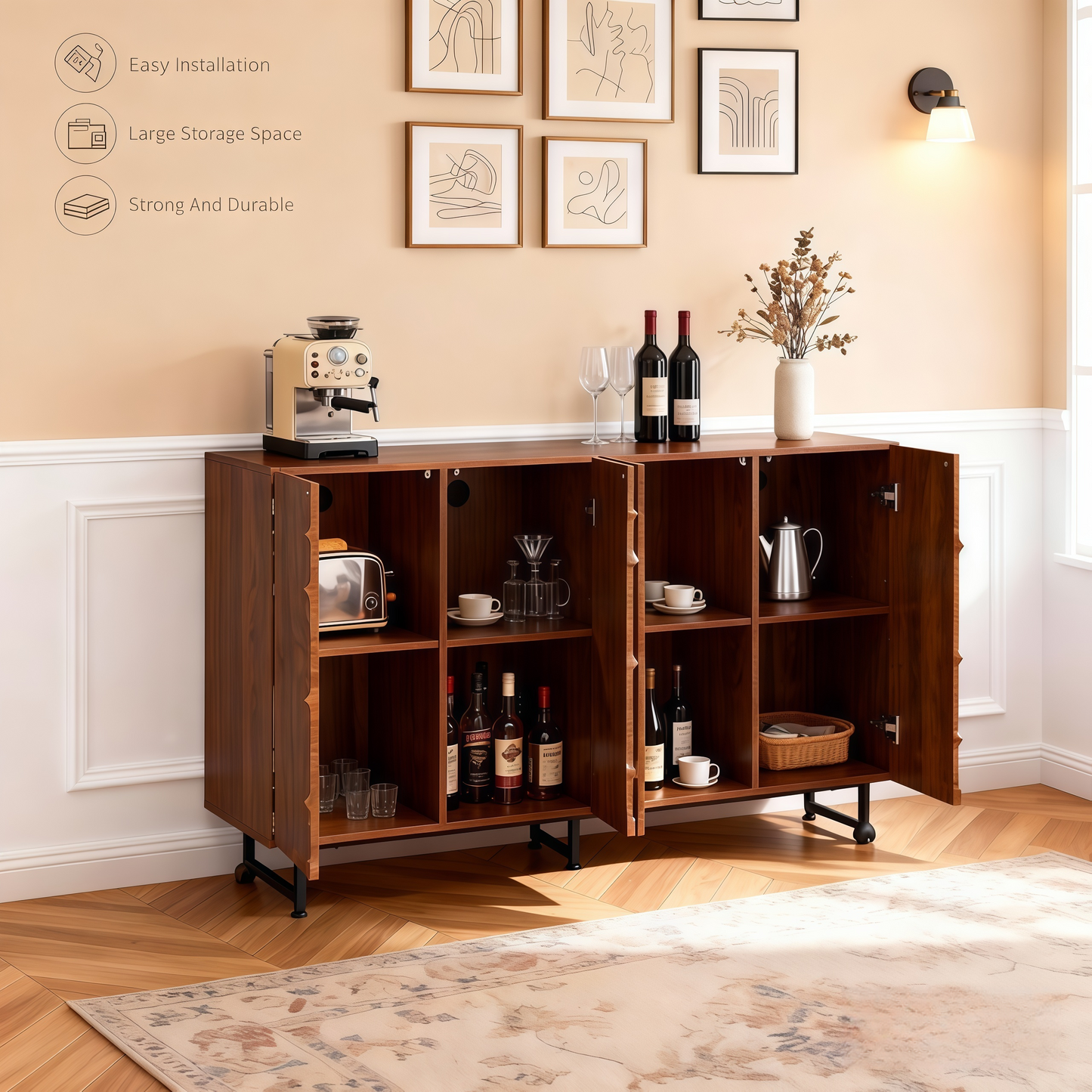 SESSLIFE Walnut Credenza Storage Cabinet, 59 Inch Modern Sideboard with Adjustable Shelves and Metal Base, Accent Cabinet for Dining Room