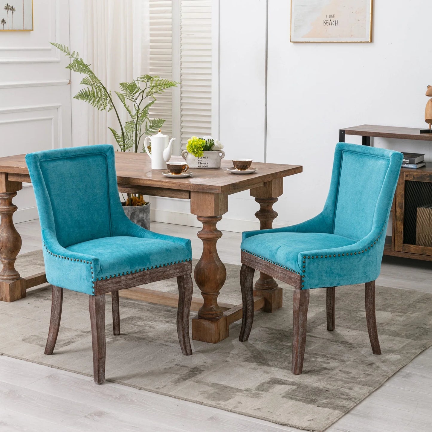 PORKISS Dining Chairs Set of 2, Thickened Fabric Chairs with Solid Wood Legs, Modern Upholstered Dining Chairs, Beige