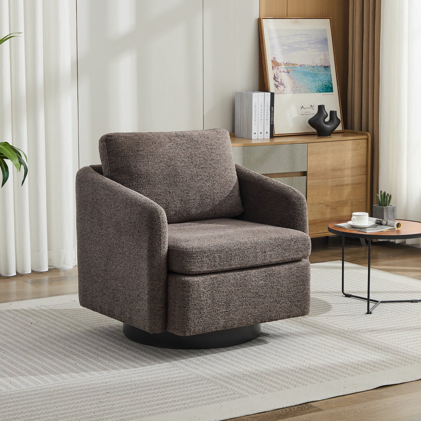PORKISS 31.5"W Swivel Barrel Chair with Pillow, Chenille Fabric Upholstered Accent Club Armchair with Metal Swivel Ring, 360 Degree Club Chair, Single Leisure Sofa Chair, Taupe