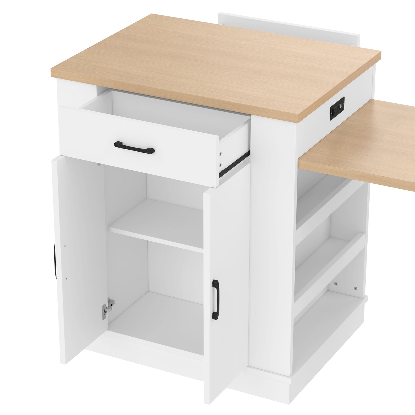 Large Extendable Kitchen Island for Family Use, Dining Table and Breakfast Bar with Storage Drawers, Cabinet Doors and Open Shelves, Ideal for Kitchen and Dining Room, White
