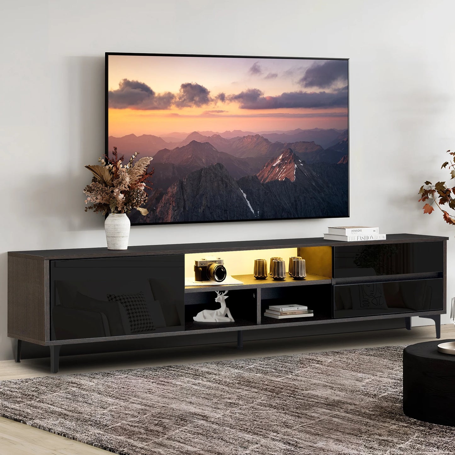 PORKISS TV Stand for TVs up to 70", Entertainment Center with LED Light, TV Console Cabinet with Shelves, Black Brown