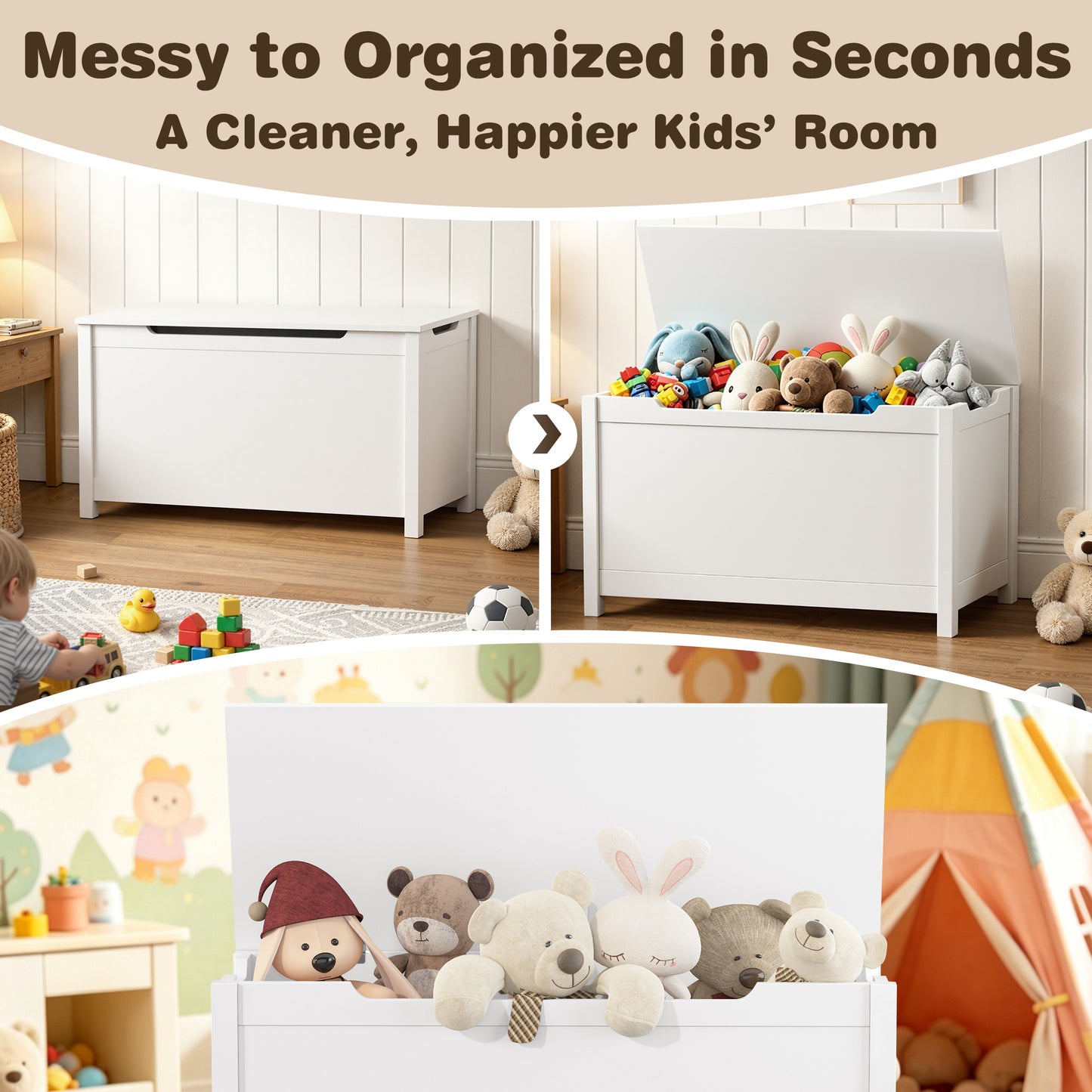 SESSLIFE Toy Storage Box with Lid, Wooden Toy Chest Seating Bench for Boys and Girls, Safety Hinged Storage Chest, Toy Organizer for Playroom Bedroom Entryway