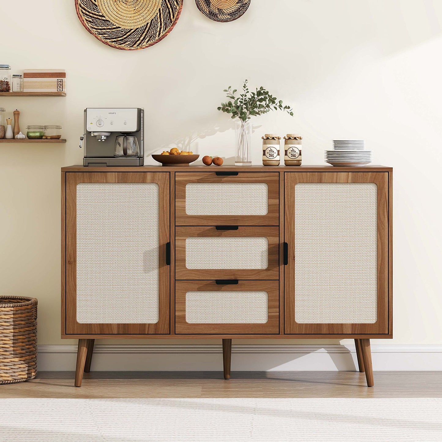 PORKISS Rattan Buffet Sideboard, Credenza Storage Cabinet with 2 Doors 3 Drawer Cabinet and Adjustable Shelve, Accent Cabinet for Dining Room, Kitchen, Living Room, Walnut