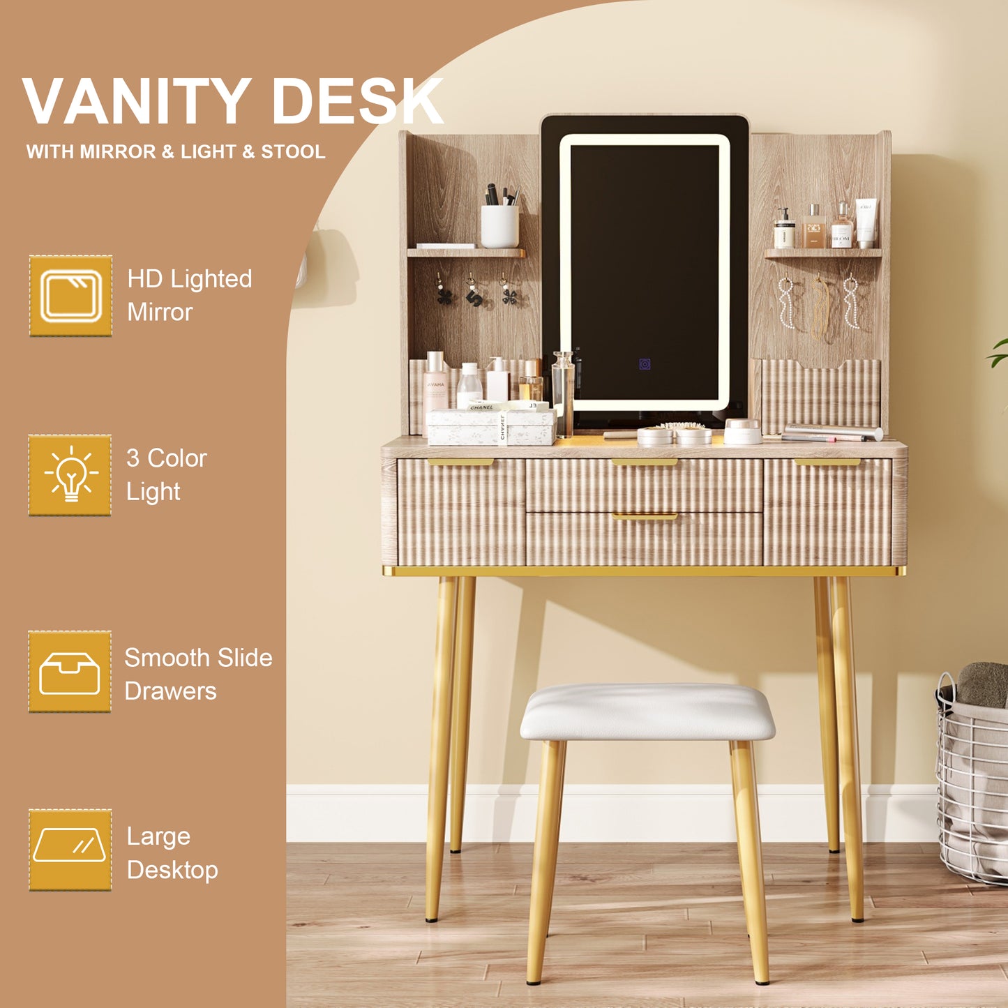 Vanity Table with Mirror and PU Stool, SESSLIFE 4-Drawer Carved Makeup Desk with LED Lighting, Elegant Dressing Table for Bedroom, Compact Design, Yellow Brown