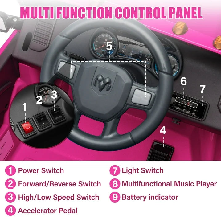 Ram Ride on Car Toys, 12V RAM 2500 Powered Ride on Toy Truck with Remote Control, Electric Car for Kids Girls 3-5 w/ Bluetooth, Rear Storage Trunk, Safety Belt, Rear Wheel Suspension, Pink
