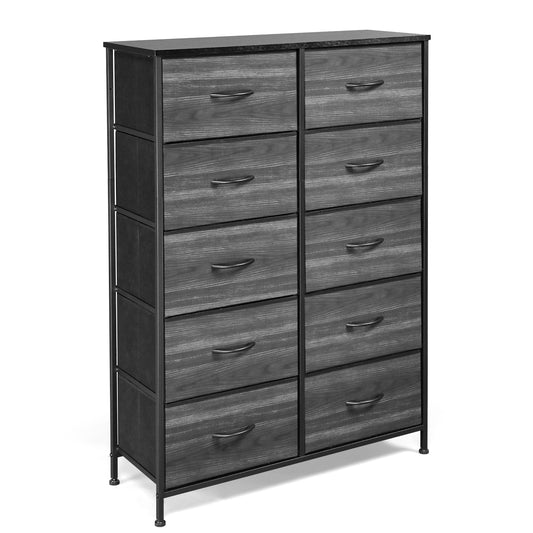 10 Drawer Dresser, Fabric Storage Drawers with Wood Top and Metal Frame, Modern Wide Chest of Drawers for Bedroom, Living Room, Closets, Black
