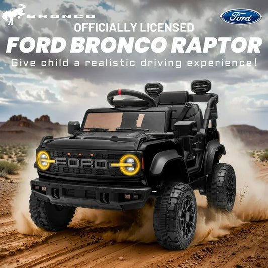 Ford Bronco Raptor Powered Ride on Truck, 12V Powered Kids Ride on Toy Cars with Remote Control, Bluetooth, LED, MP3, Safety Belt, 4 Wheelers, Electric Car for Kids Girls 3-5 Gift, Black