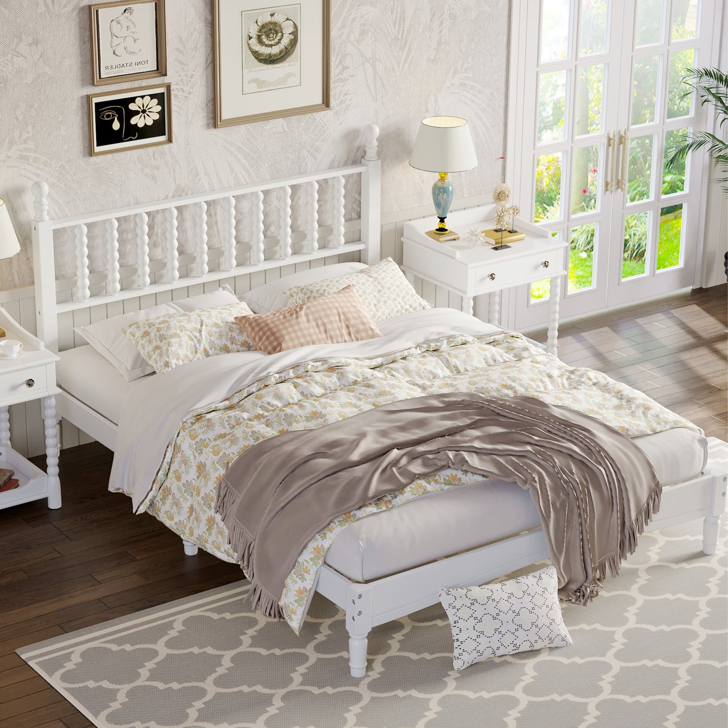 Platform Bed Frame, Wood Queen Bed Frame with Gourd Shaped Headboard for Bedroom, Modern Queen Size Bed with Wood Slat Support, Holds 500 lb, No Box Spring Needed, White
