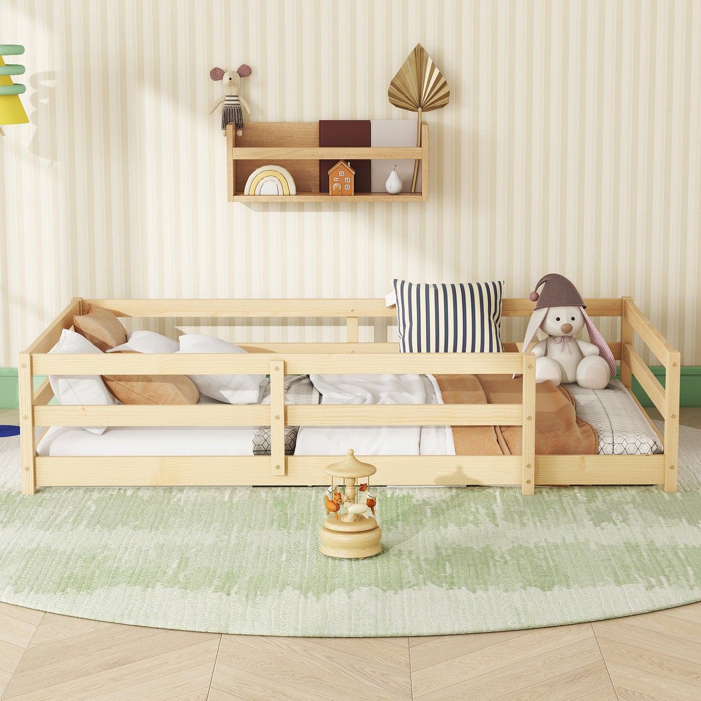 Twin Size Floor Bed, Wood Montessori Floor Bed with Fence and Guardrails, Toddler Bed Frame for Kids, Boys, Girls, No Box Spring Needed, White