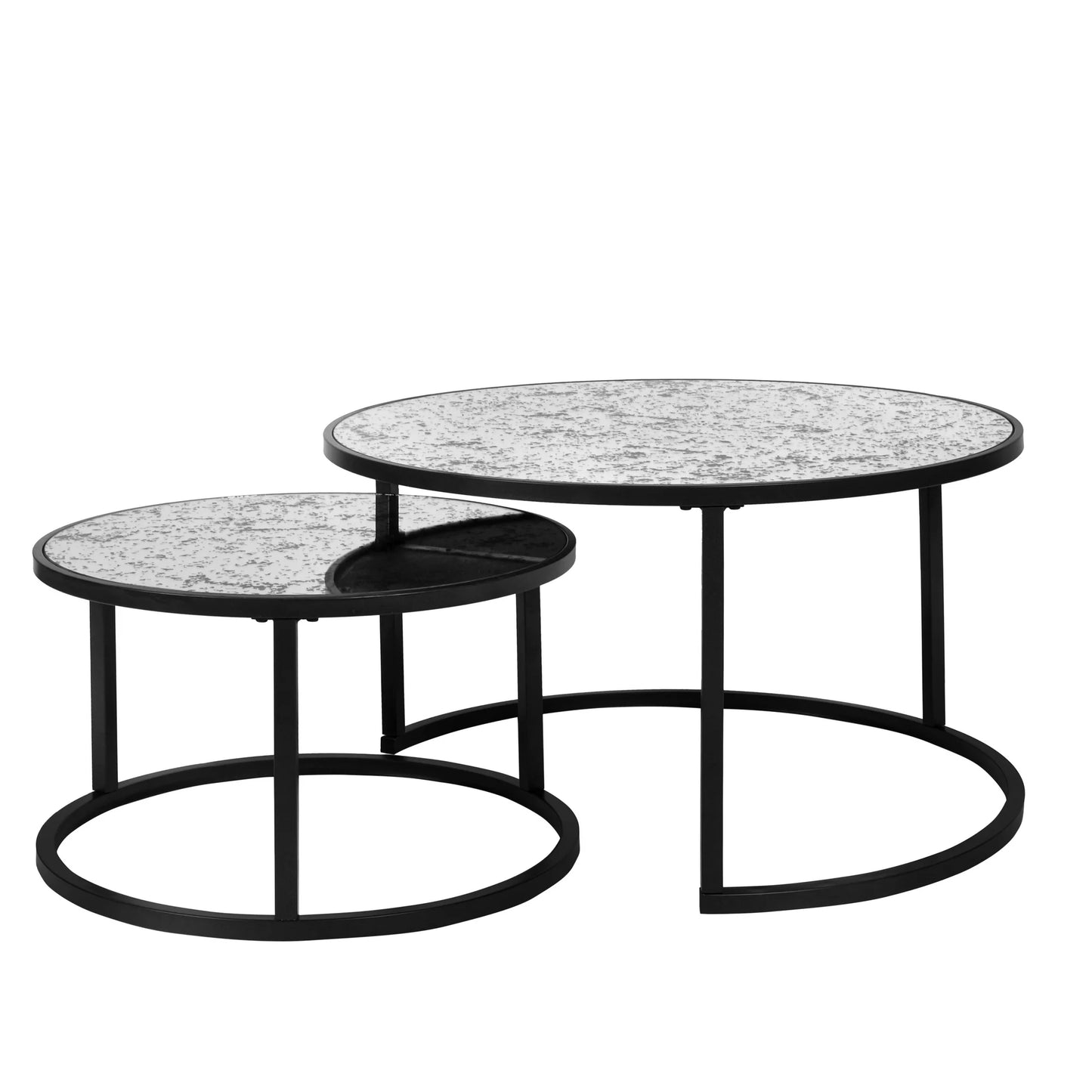 Sesslife Coffee Table Nesting Set of 2, Side Set Black Frame Circular and Marble Pattern Tables, Living Room Bedroom Apartment Modern Industrial Simple Nightstand, White + Black