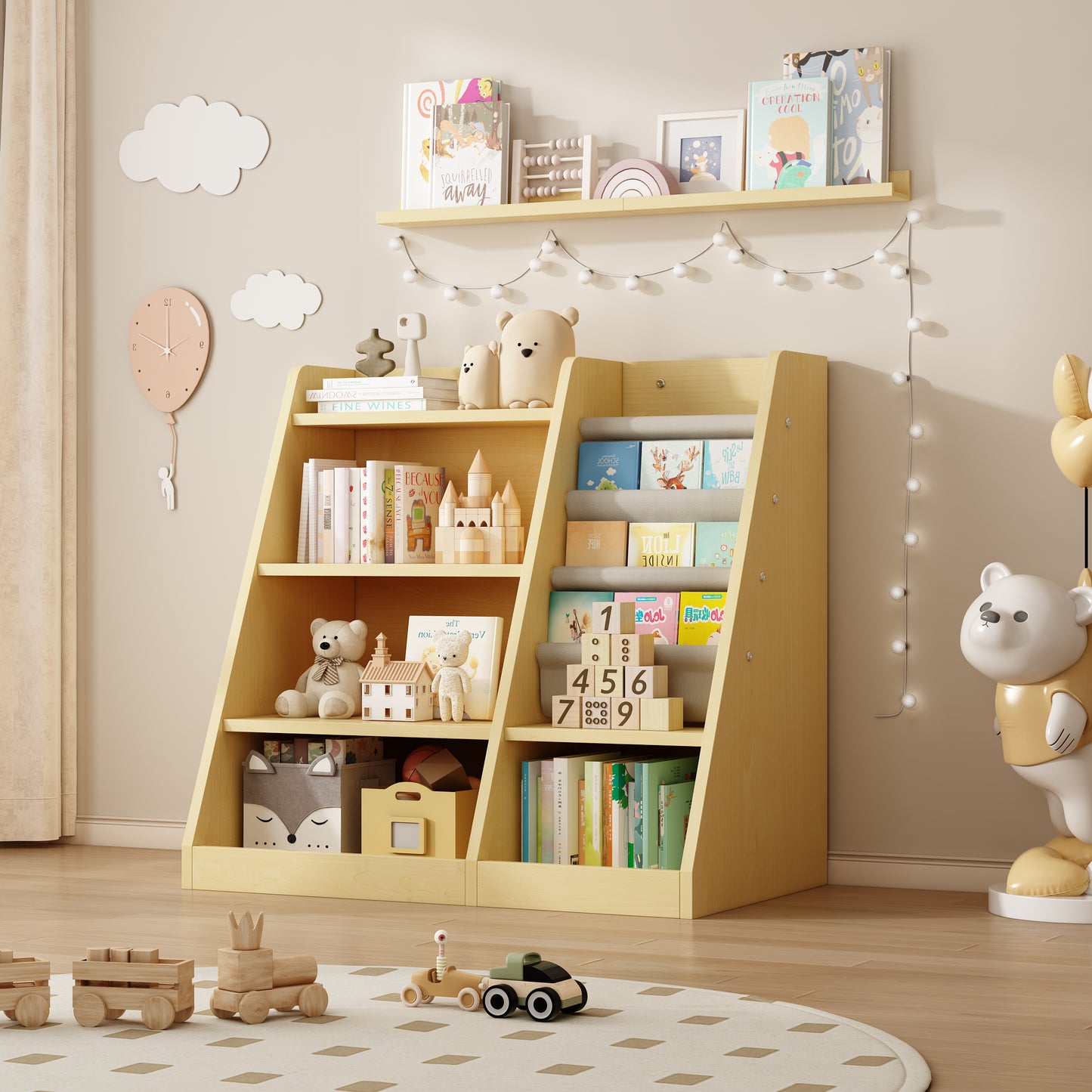 Kids Bookshelf, Wooden Toy Storage Organizer Cabinet with 3 Sling Pockets, Freestanding Kids Bookcase with Adjustable Shelf for Playroom, Bedroom, Nursery
