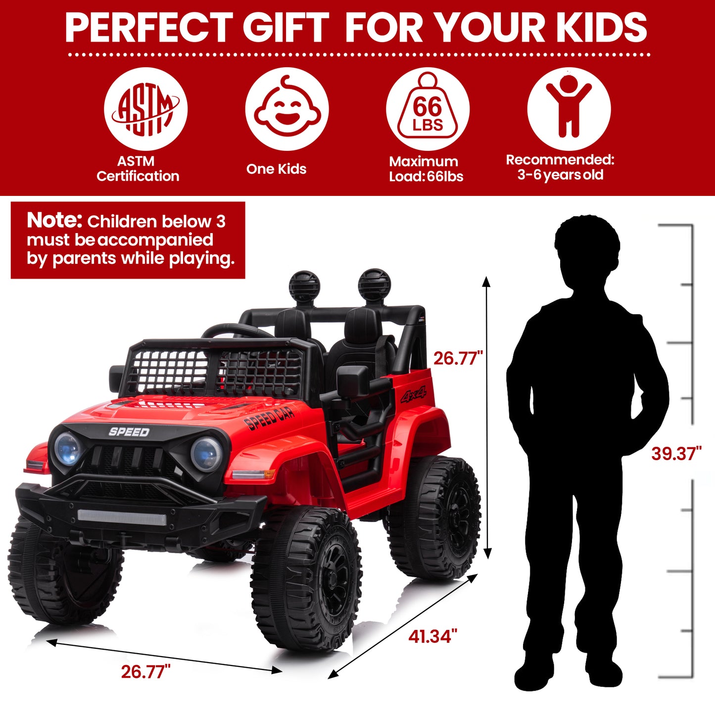 12V Battery Powered Ride on Toys, SESSLIFE Kids Ride on Car with Remote Control, MP3 Player, LED, Bluetooth, 4 Wheel Electric Car for Boys, Kids Ride on Truck for Christmas Birthday Gift, Red