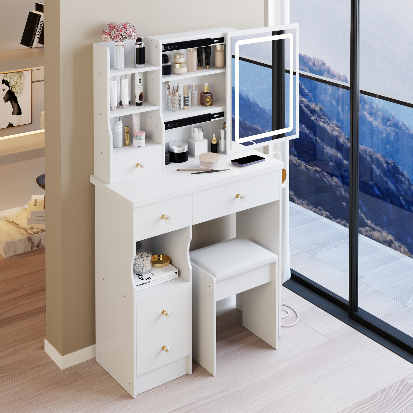 SESSLIFE Vanity Desk with Mirror and Lights, Modern Vanity Desk with Storage and Stool, Makeup Vanity with USB Ports for Small Spaces, White