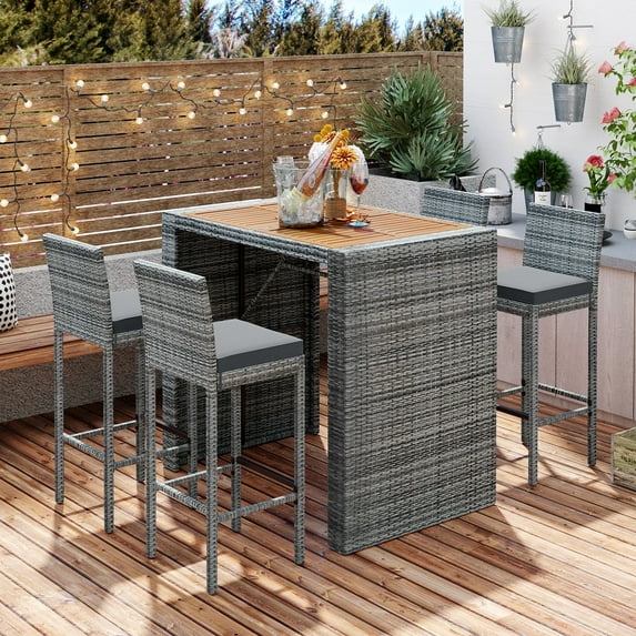 5-Piece Outdoor Patio Wicker Bar Set with Acacia Wood Table, Bar Height Chairs with Non-Slip Feet and Fixed Rope, Removable Cushions, Brown & Gray