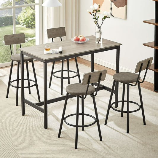 5 Pieces Dining Table Set, Counter High Pub Table Set with 4 Chairs, Wooden Saving Space Dining Room Table Sets for Kitchen Bar Breakfast Nook, Gray