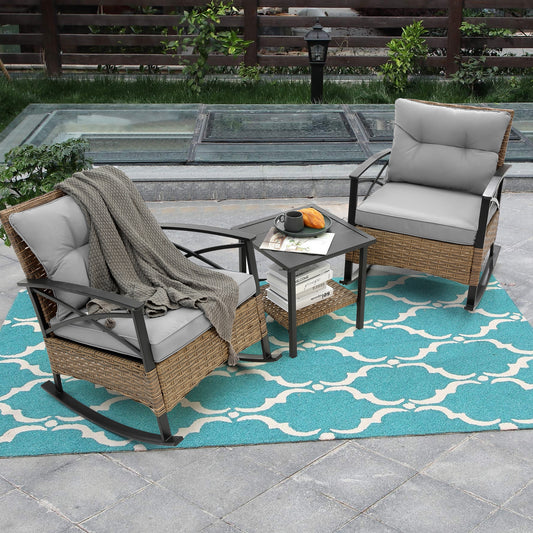 3-Piece Patio Rocking Rattan Set, Outdoor Wicker Rattan Furniture Set w/2 Back Cushions, 2 Seat Cushions, Deck Porch Poolside Furniture Table Set for 2, Blue