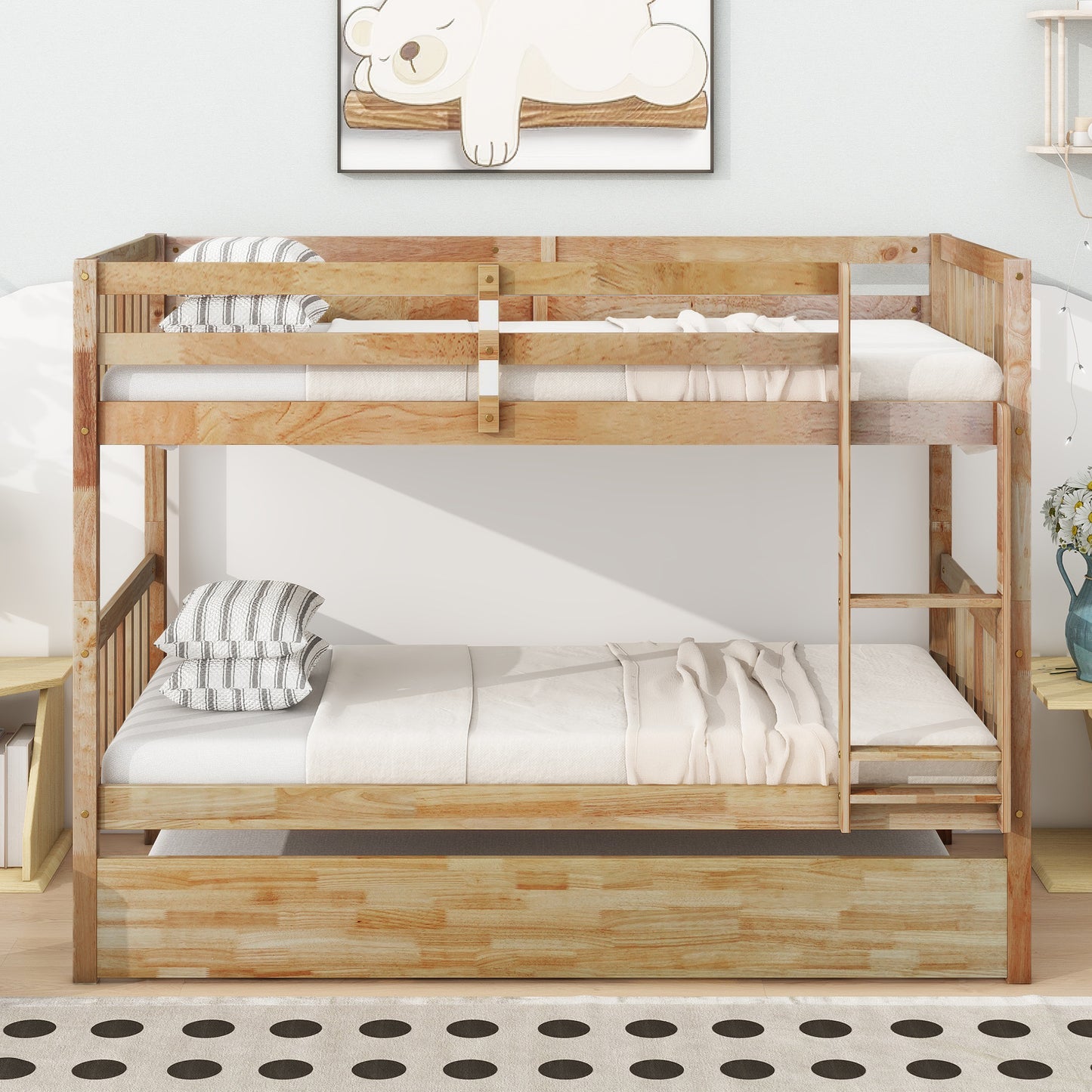 Sesslife Twin Over Twin Bunk Bed with Trundle, Wood Twin Over Twin Convertible Bunk Bed with Guardrails, Ladder, Bunk Bed for Kids, Dorm, Bedroom, White