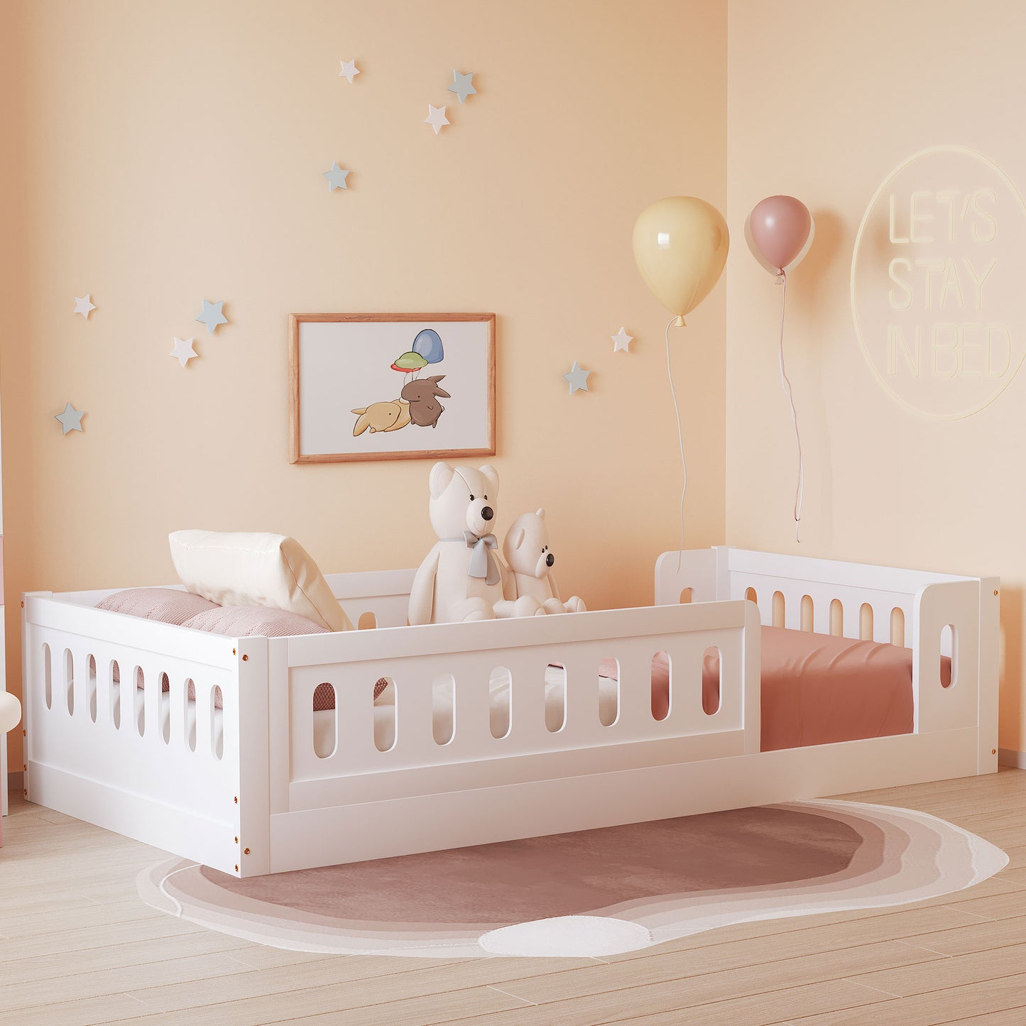 Twin Size Floor Bed Frame, SESSLIFE Twin Platform Bed with Fence for Kids, Wood Toddler Bed Montessori Floor Bed with Safety Guardrail for Boys Girls, No Box Spring Needed, White