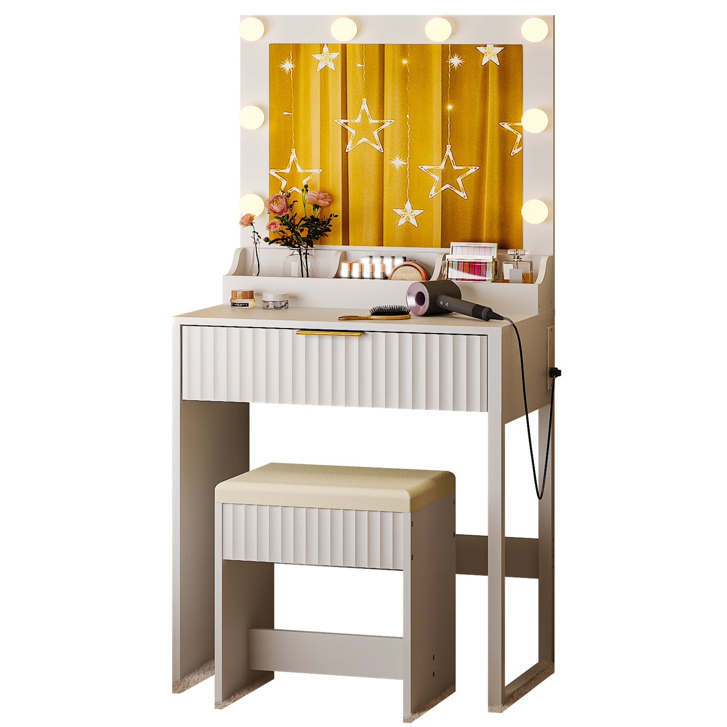 SESSLIFE Makeup Vanity Table Set with Mirror and Lights, 3-Color LED Lighting, Power Strip, Drawer & 3 Compartments, Modern Grille Design Compact Dressing Table for Bedroom, White