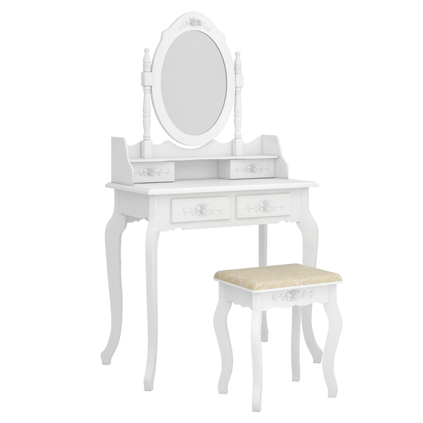 SESSLIFE Classic Vanity Desk with Stool and Mirror, White Dressing Table with 4 Drawers and Storage, Compact Makeup Vanity Desk for Small Space, Apartment, Bedroom